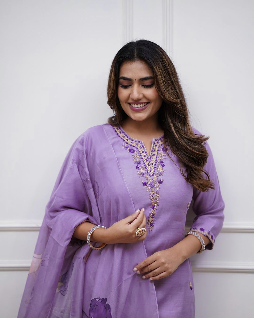 Lavender Embroidered Straight Kurta Pants Set