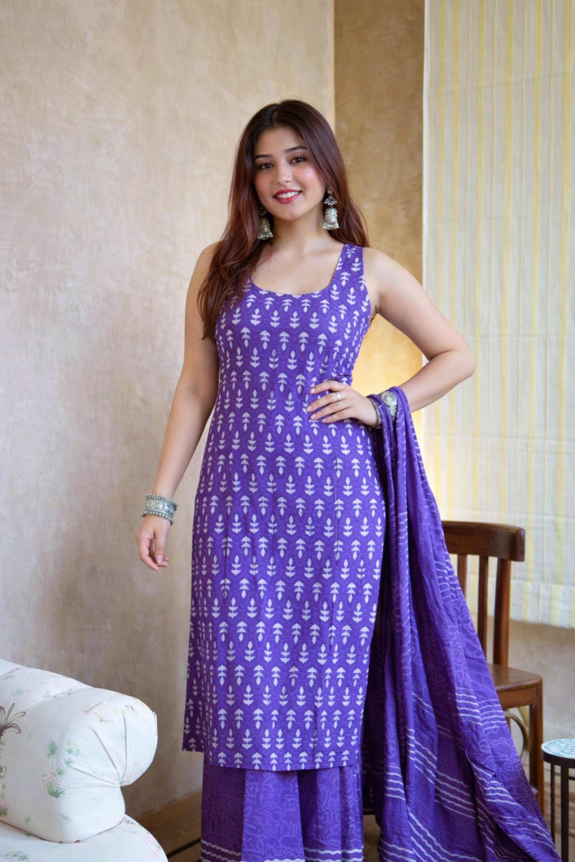 Women's Purple Block-Print Sleeveless Kurta Sharara Set with Dupatta.