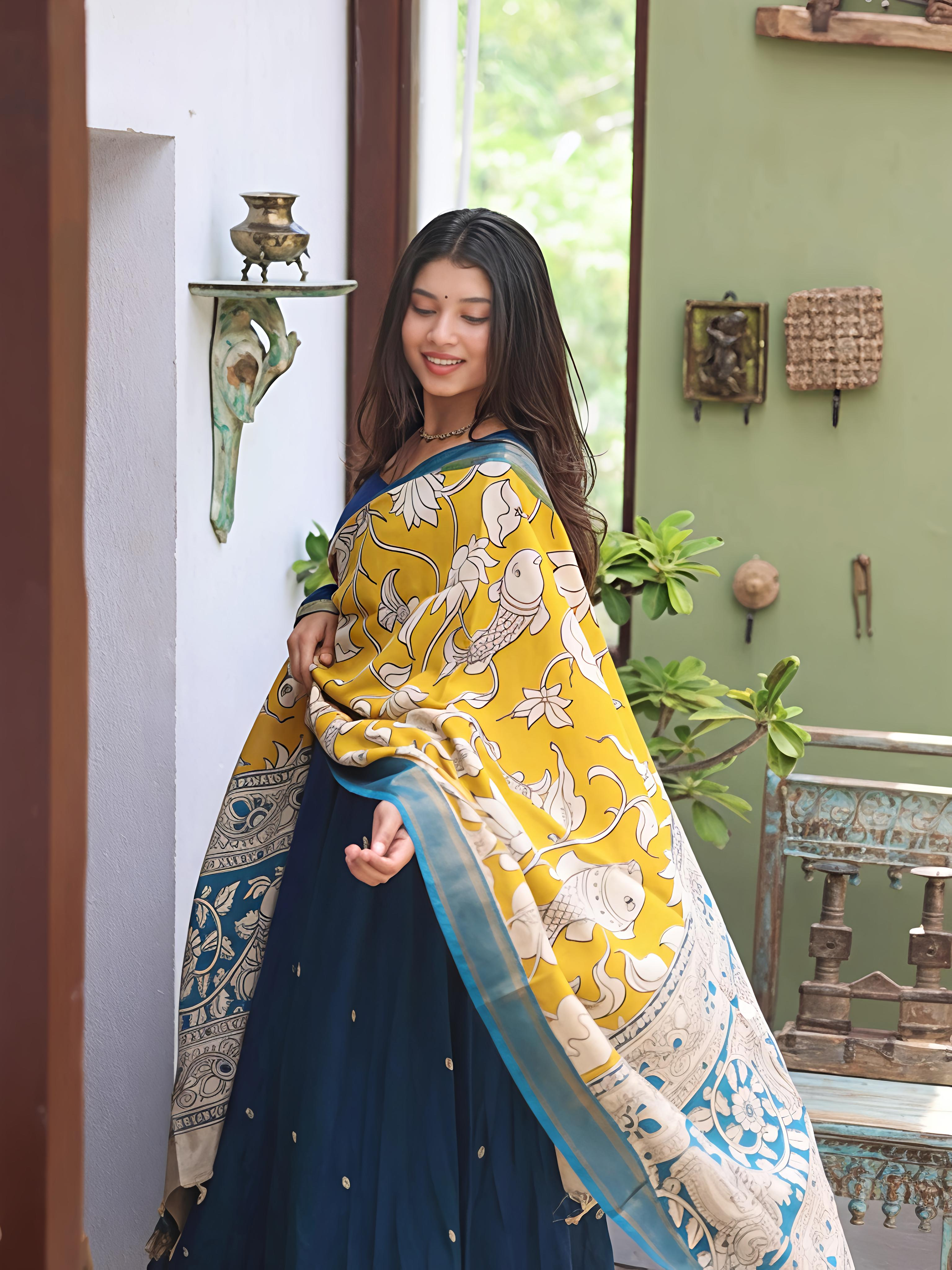 Narayanpet Anarkali Peacock Blue Kalamkari