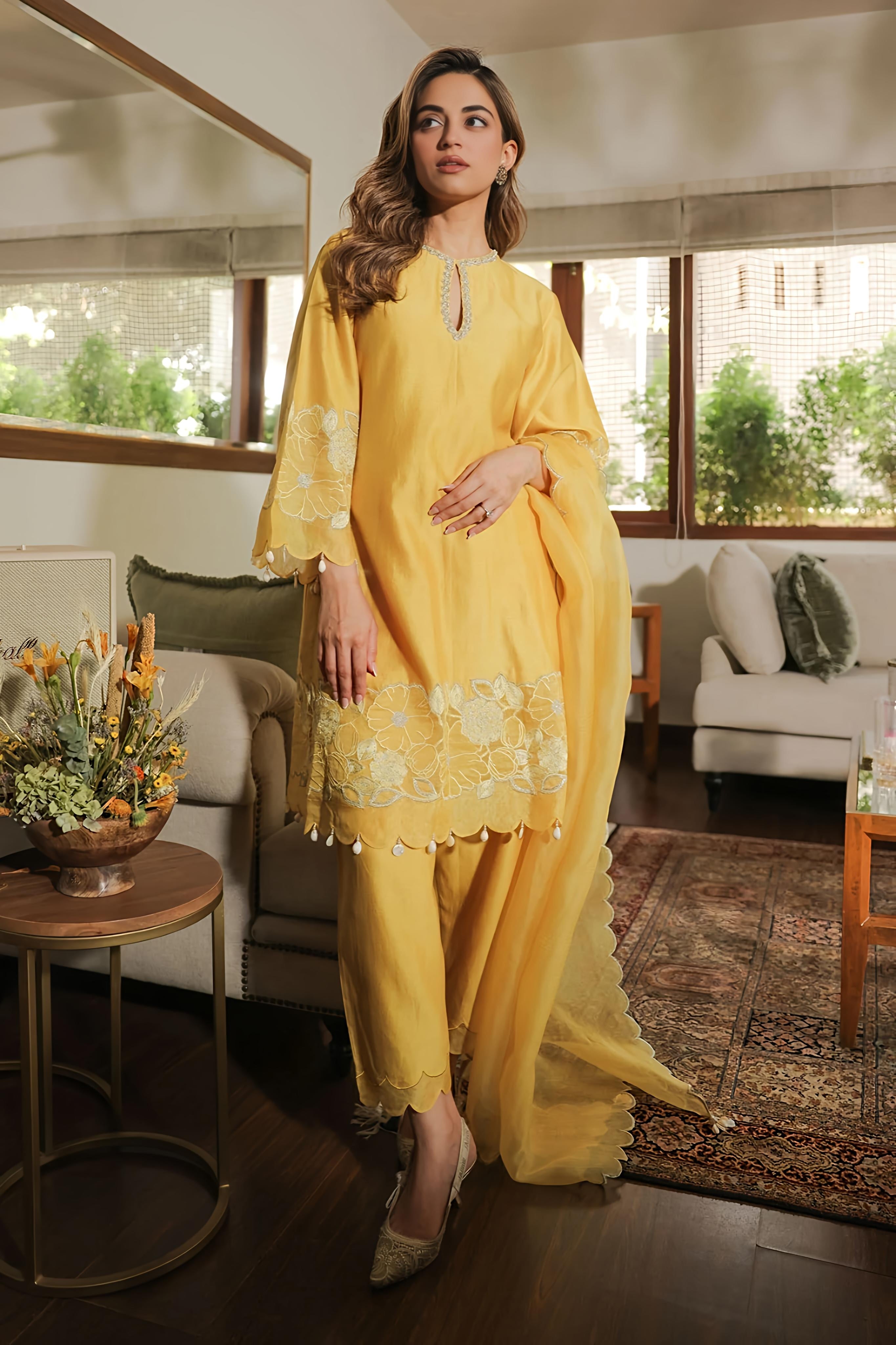 Mustard Yellow Embroidered Kurta Set