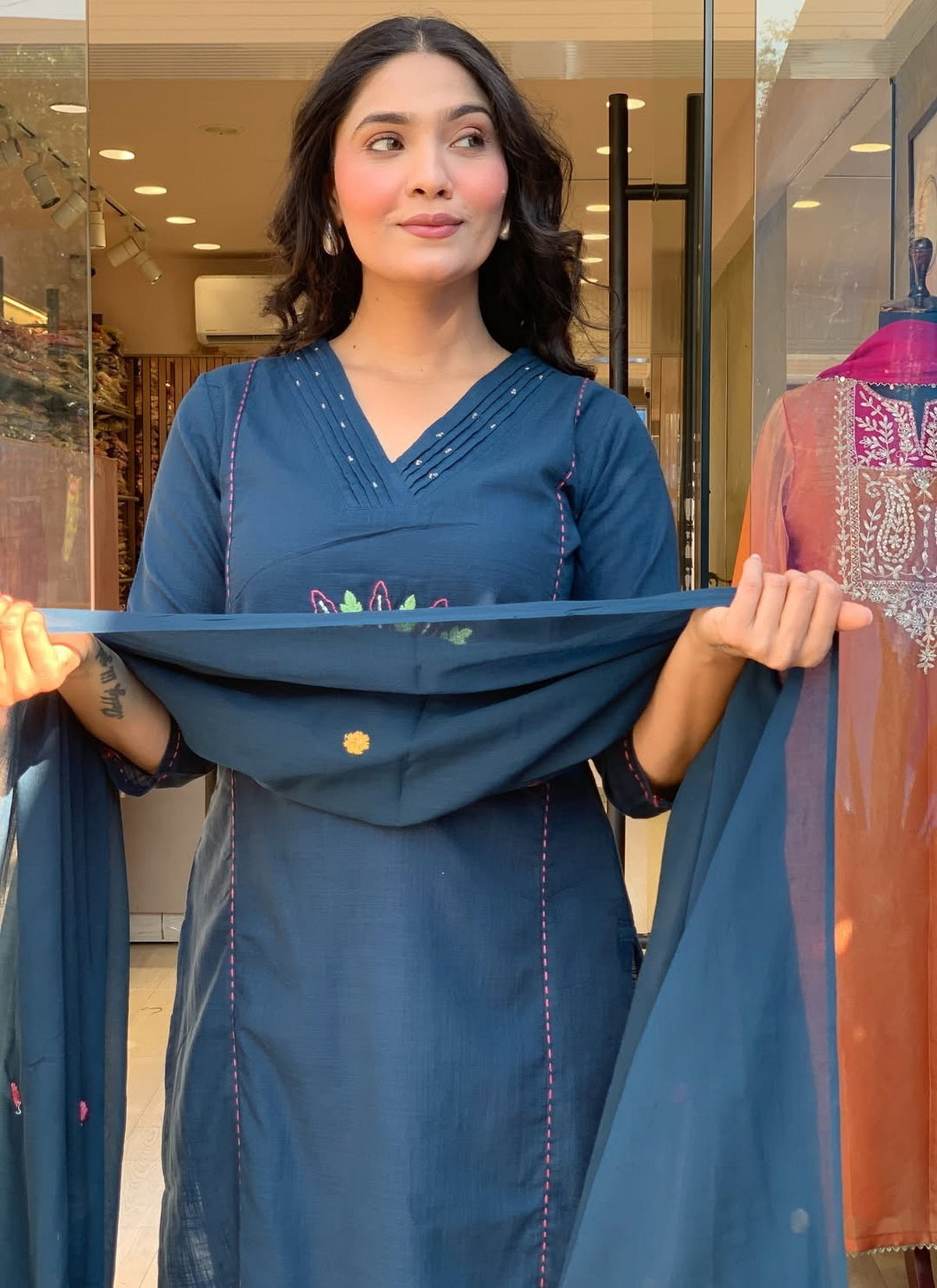 Blue Embroidered Cotton Flex Kurta and Pant Set with Dupatta