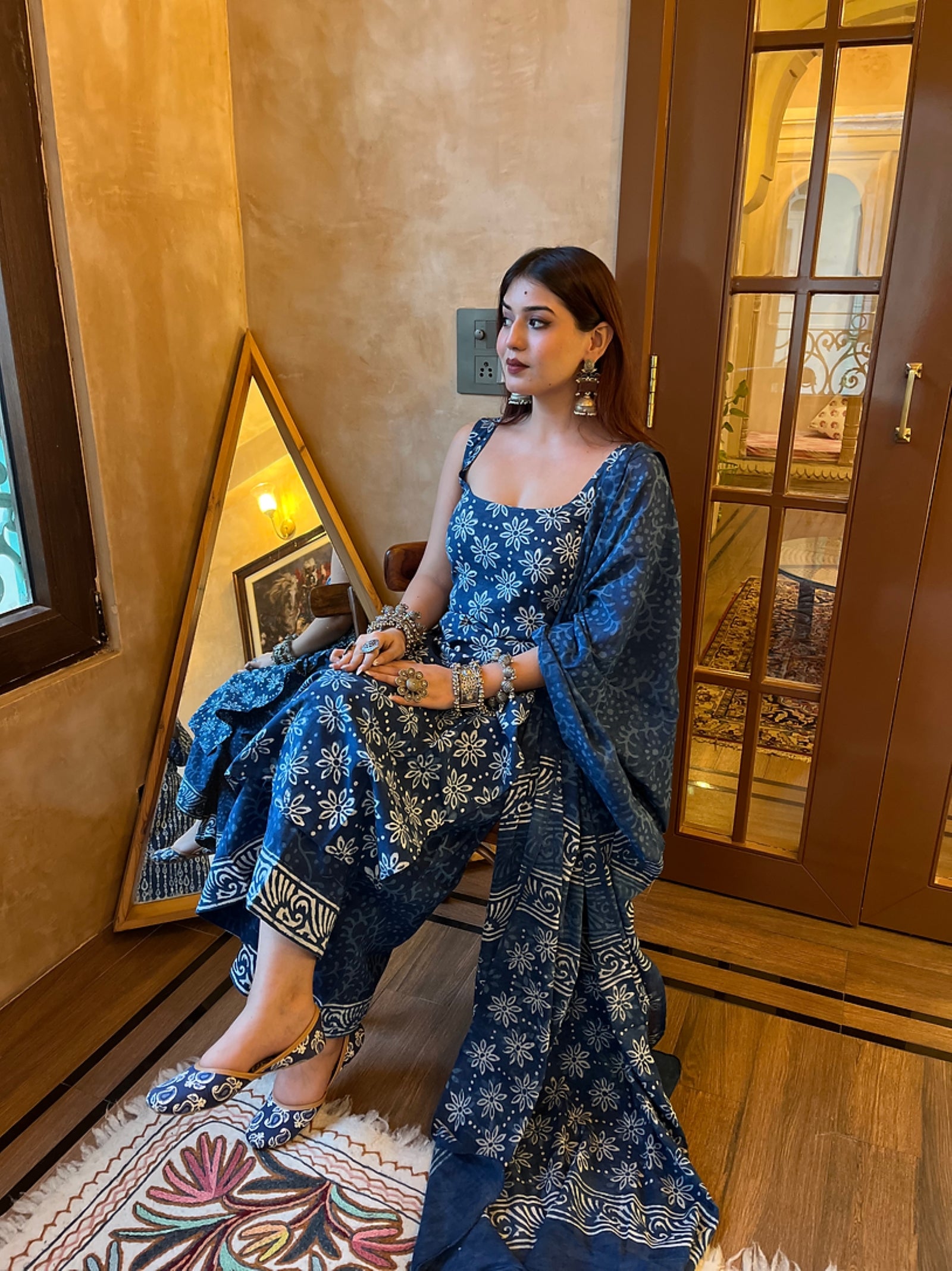 Women's Indigo Blue Floral Block-Print Sleeveless Kurta Palazzo Set with Dupatta