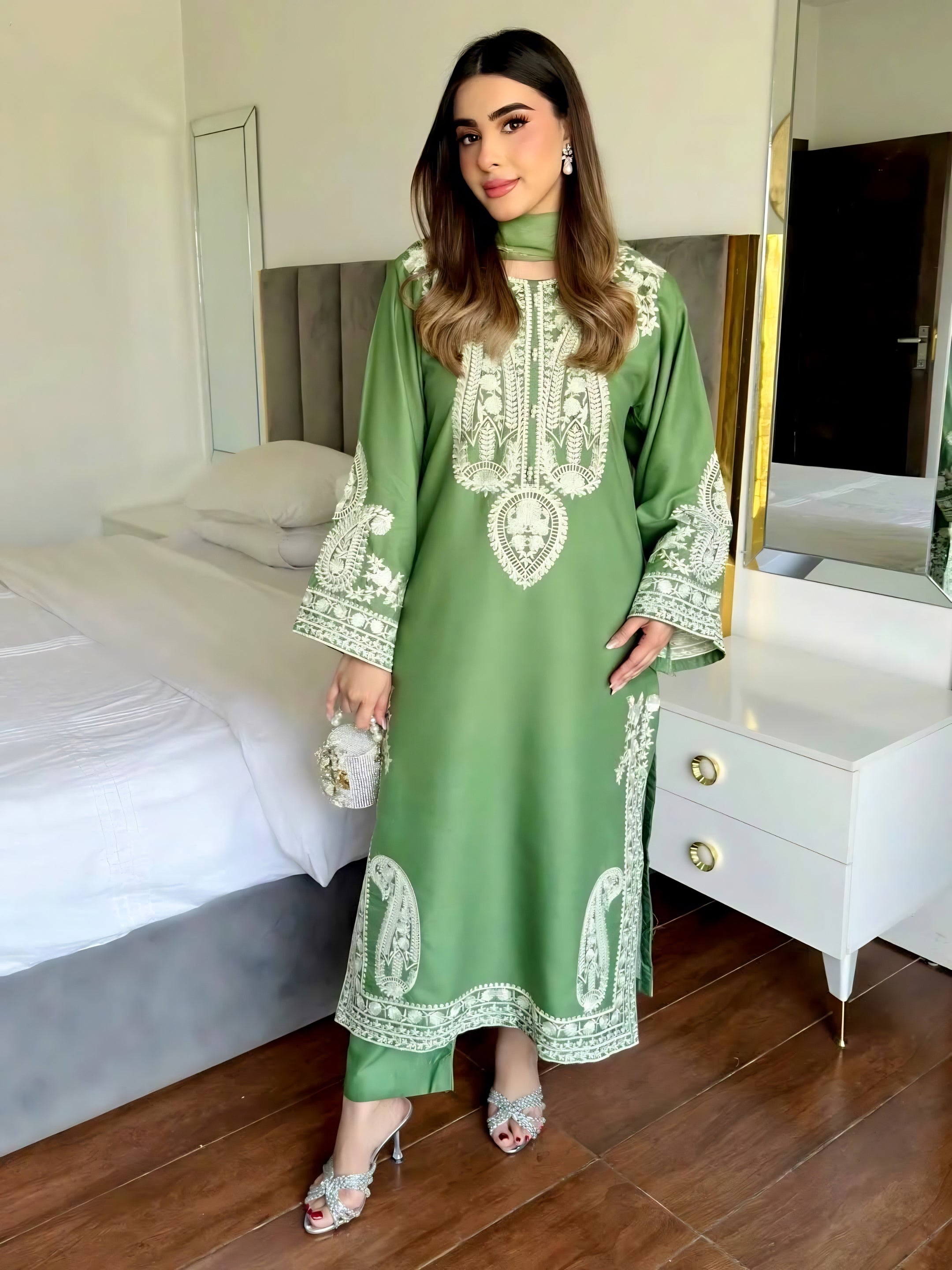 Sage Green Embroidered Suit Set