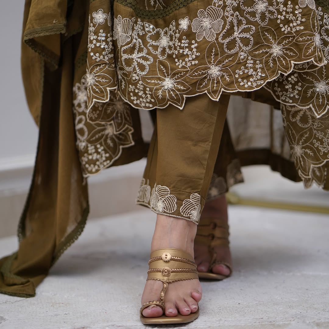 Olive Green Cotton Silk Floral Embroidered Anarkali Gown Set
