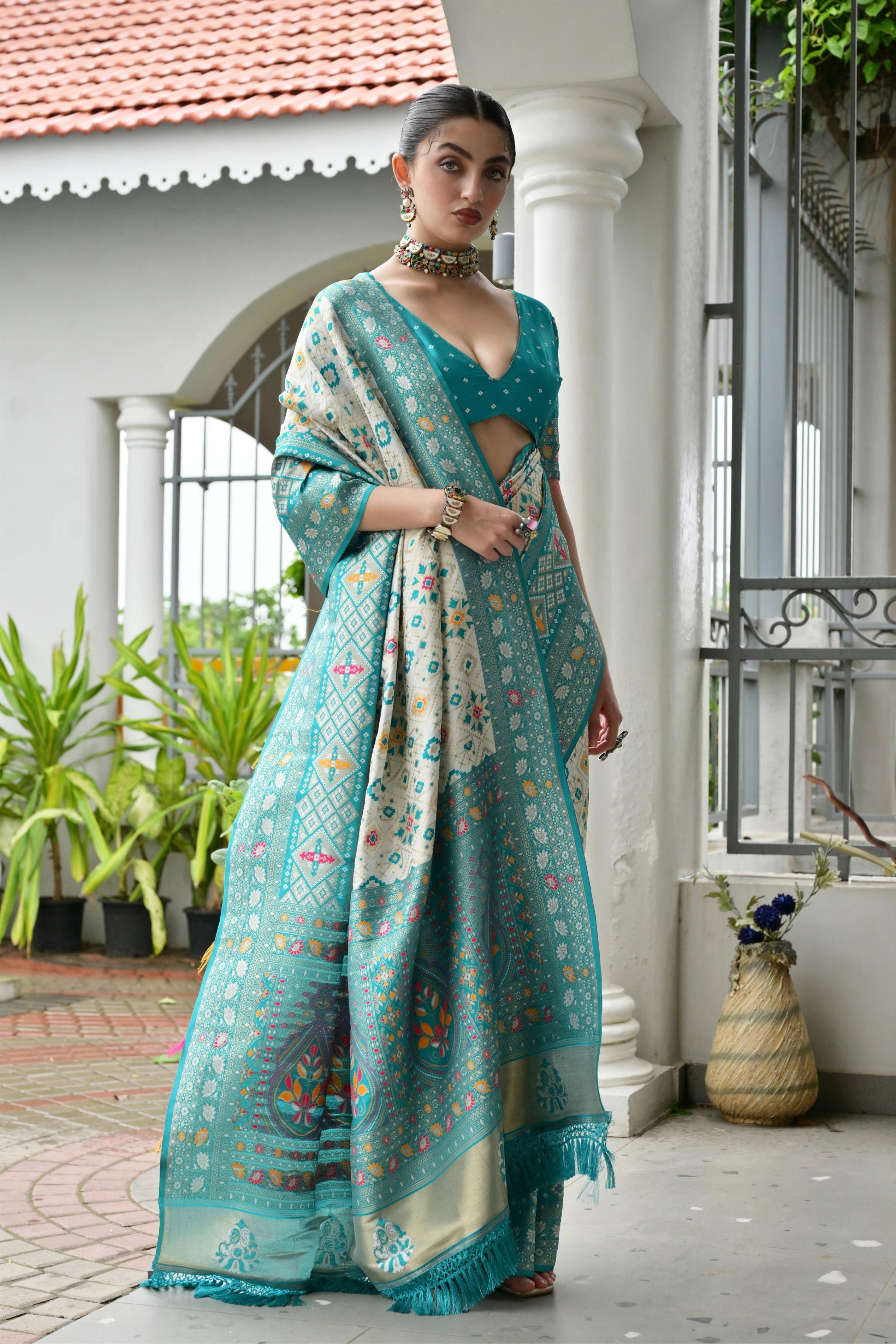Aadhya Sea Green Patola Silk Saree