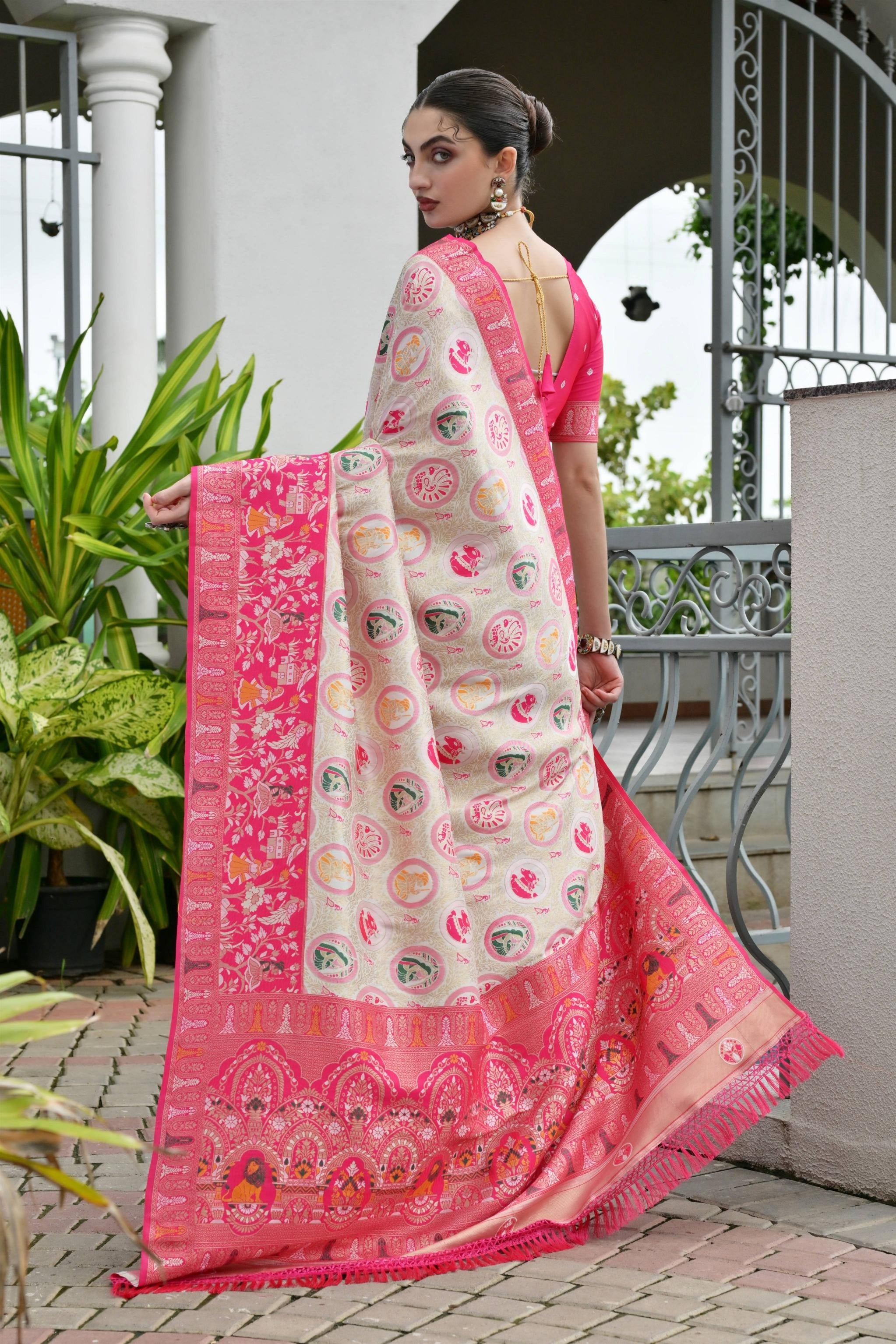 Aadhya Pink Green Patola Silk Saree
