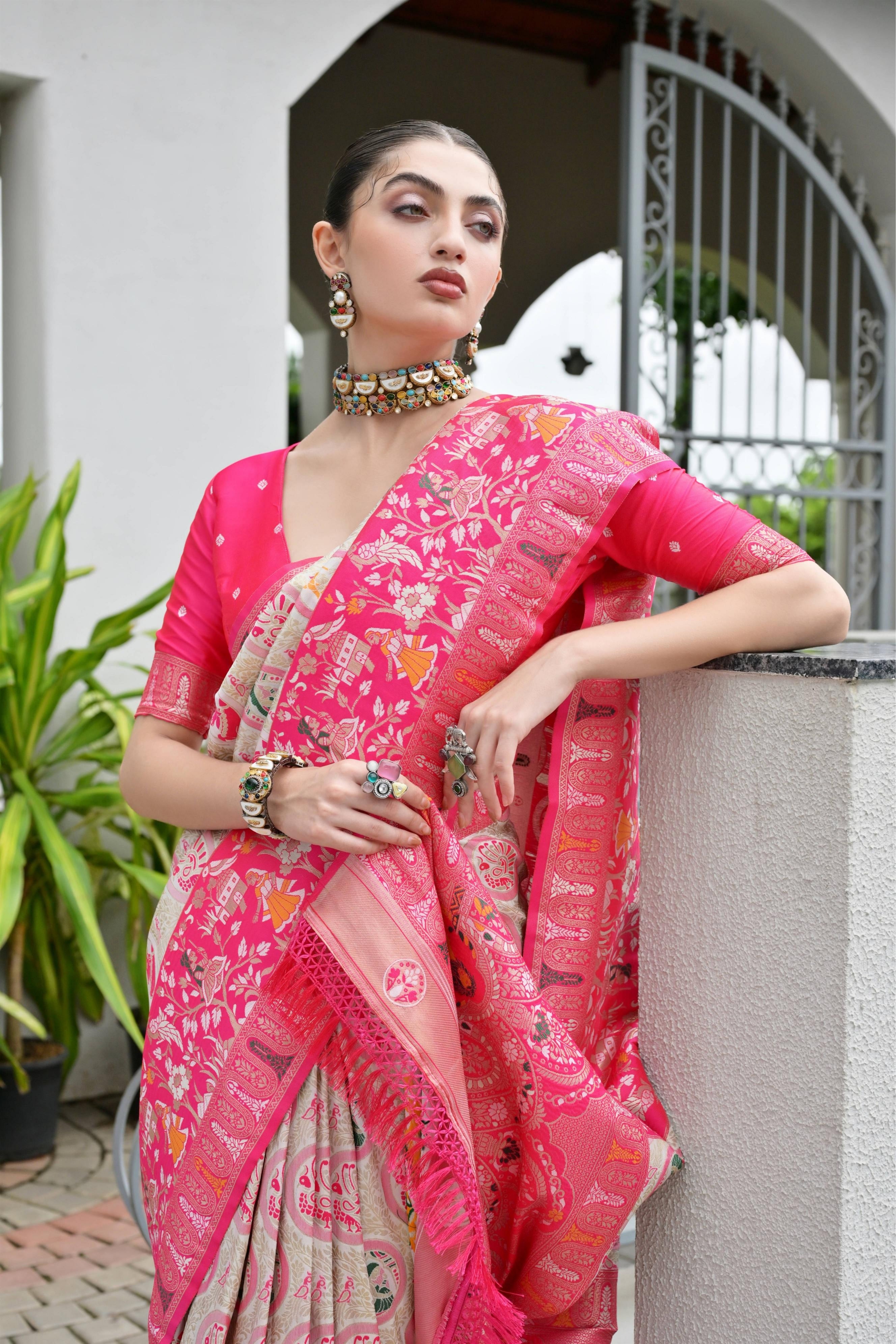 Aadhya Pink Green Patola Silk Saree