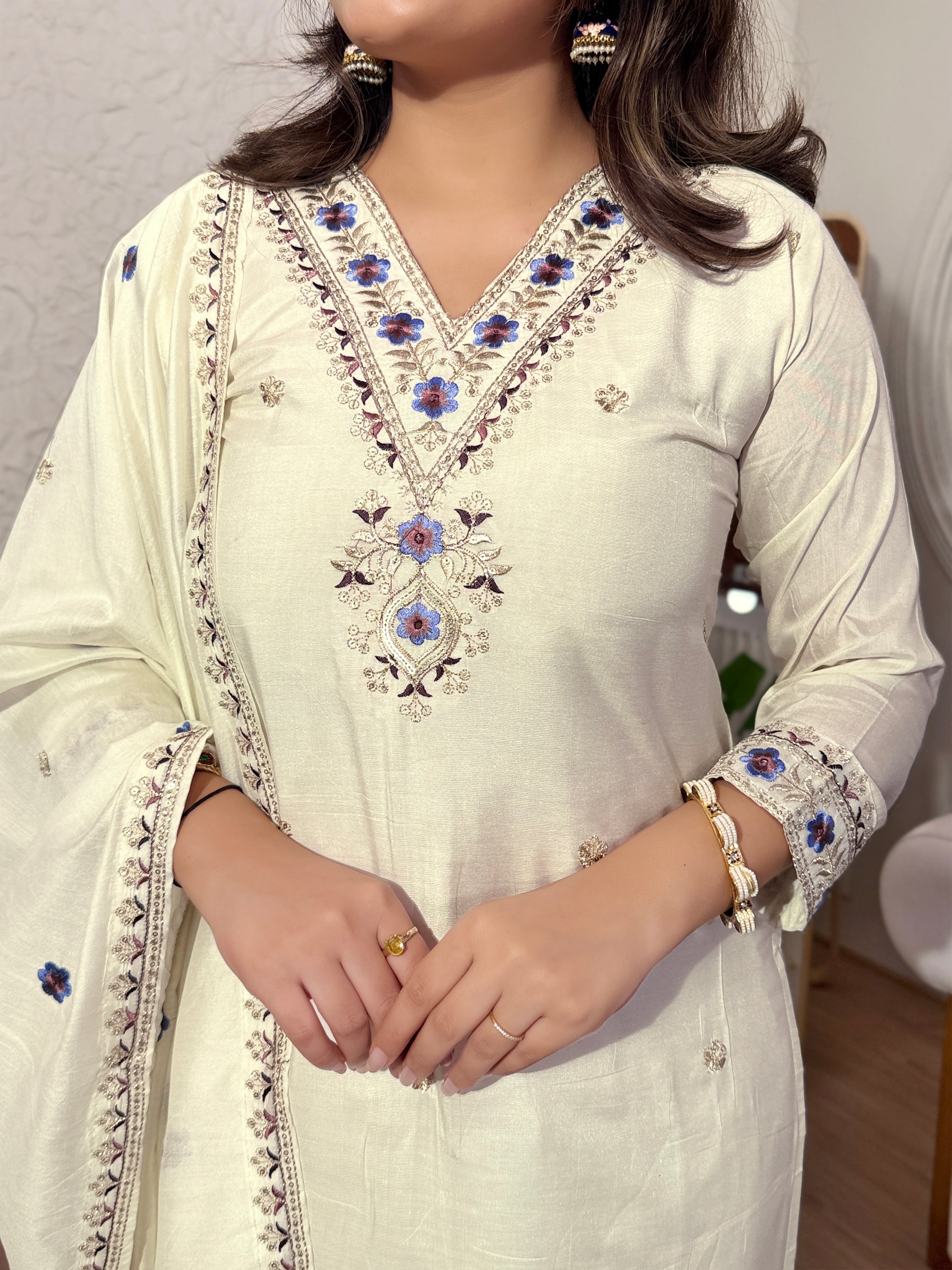 Cream V-Neck Floral Embroidered Straight Suit Set