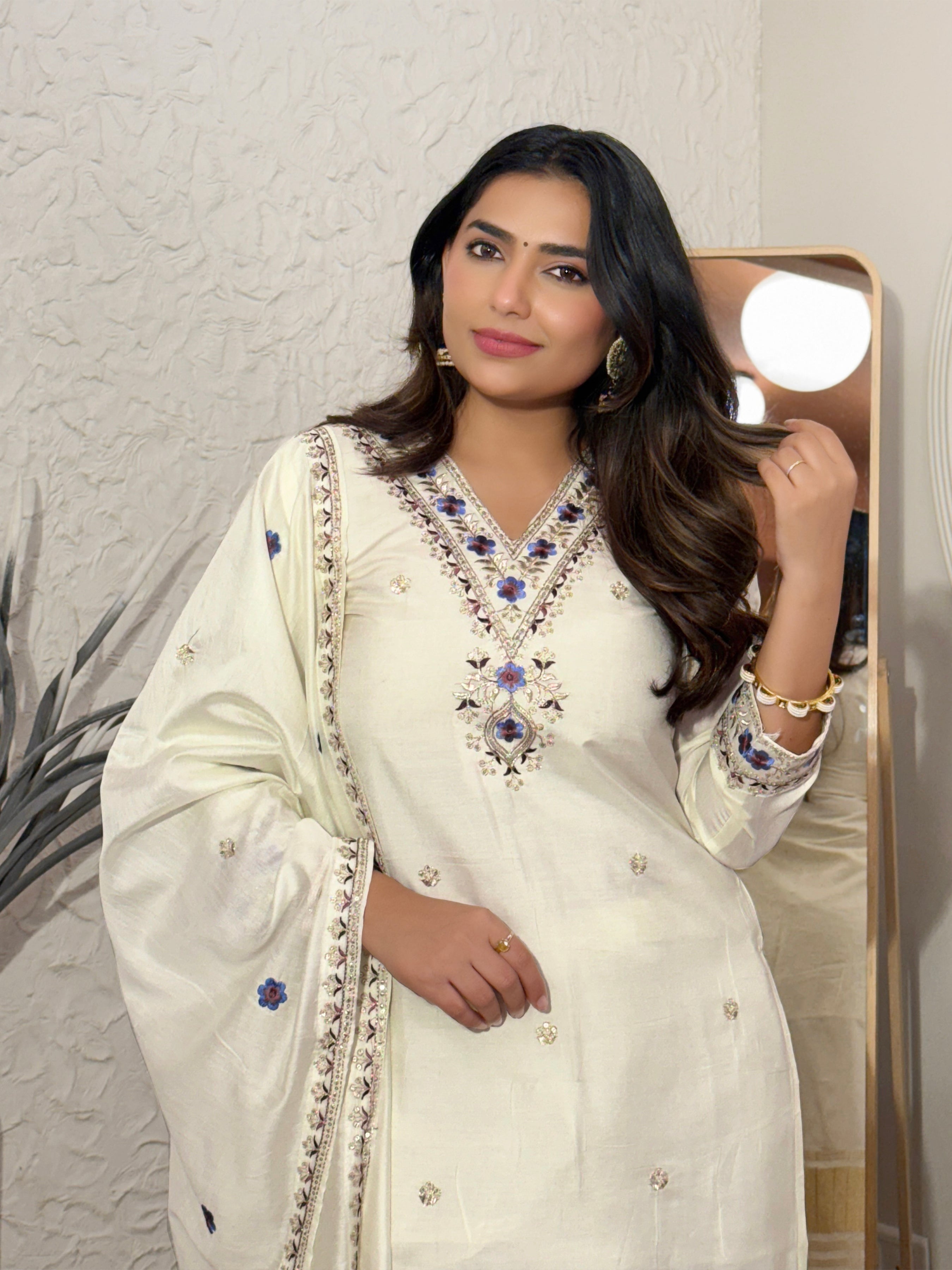 Cream V-Neck Floral Embroidered Straight Suit Set