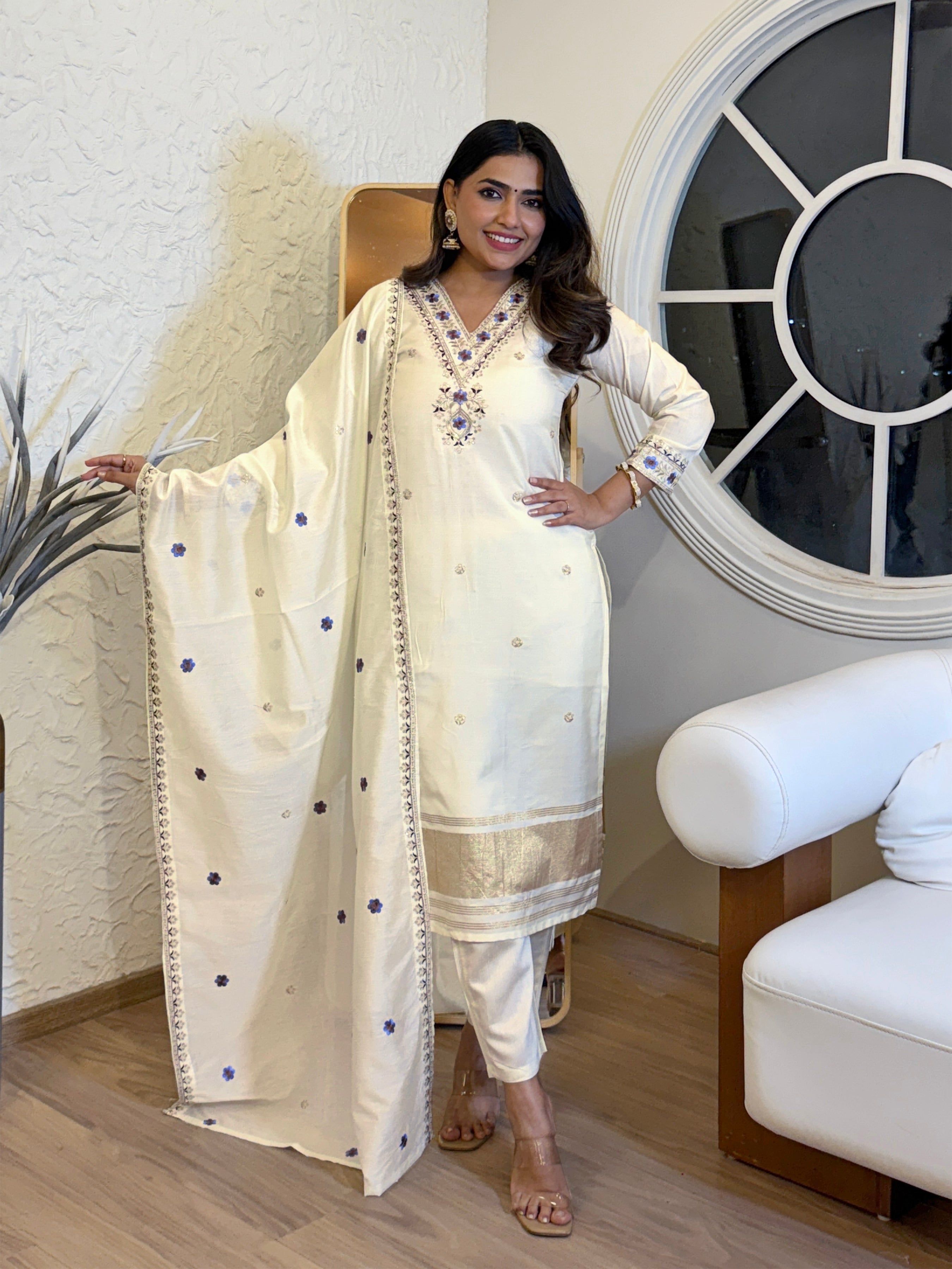 Cream V-Neck Floral Embroidered Straight Suit Set