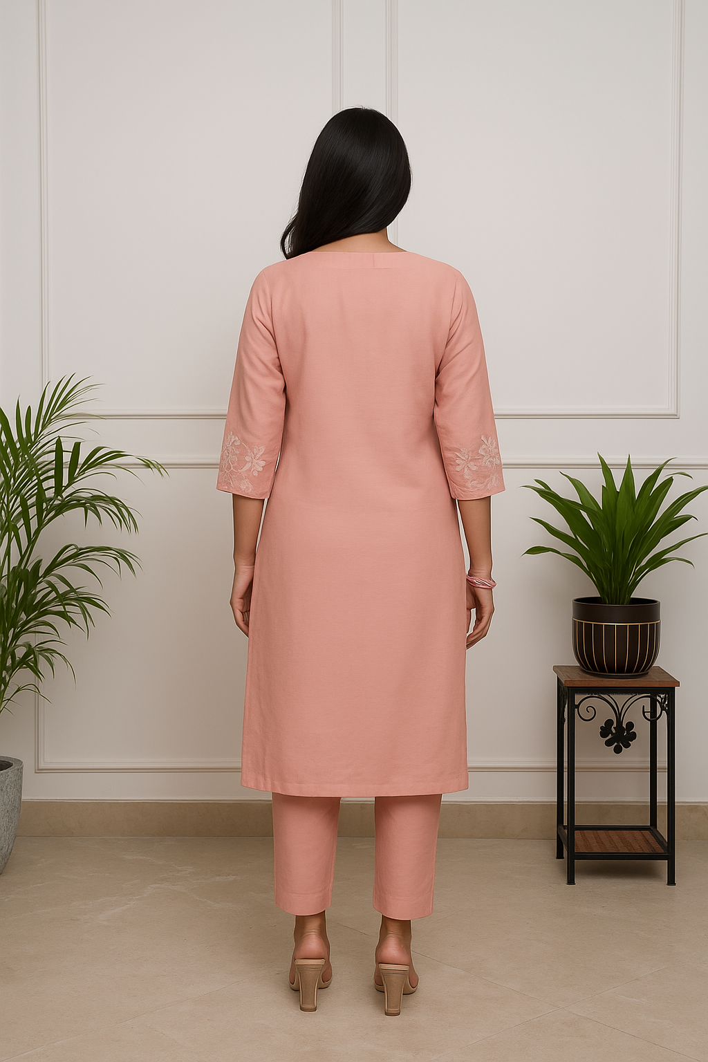Blush Peach PV Chanderi Embroidered Straight Kurta Set