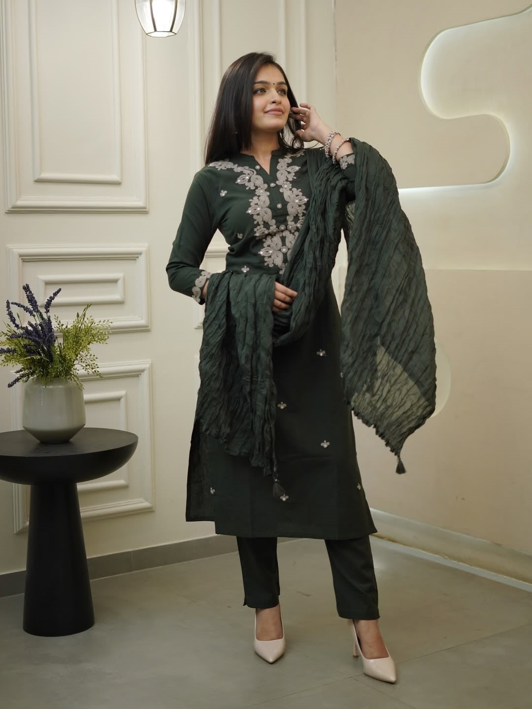 Dark Green Rayon Slub Ethnic Motif Embroidered Kurta Set