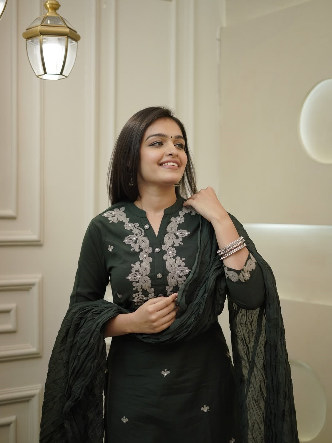 Dark Green Rayon Slub Ethnic Motif Embroidered Kurta Set