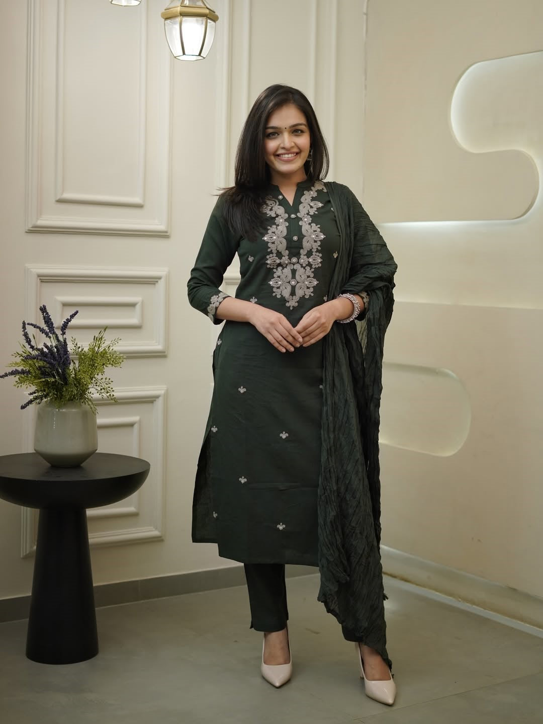 Dark Green Rayon Slub Ethnic Motif Embroidered Kurta Set