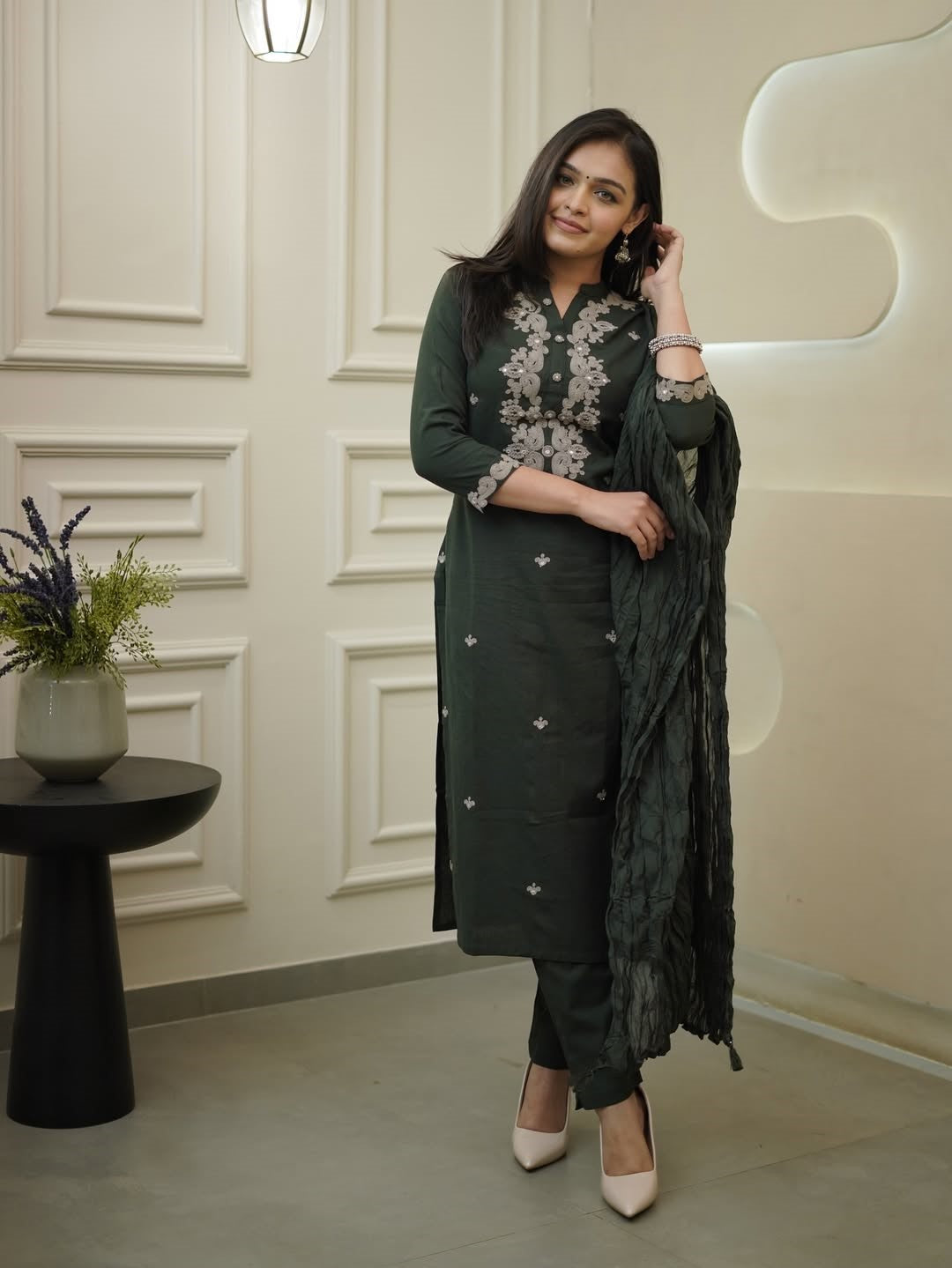 Dark Green Rayon Slub Ethnic Motif Embroidered Kurta Set