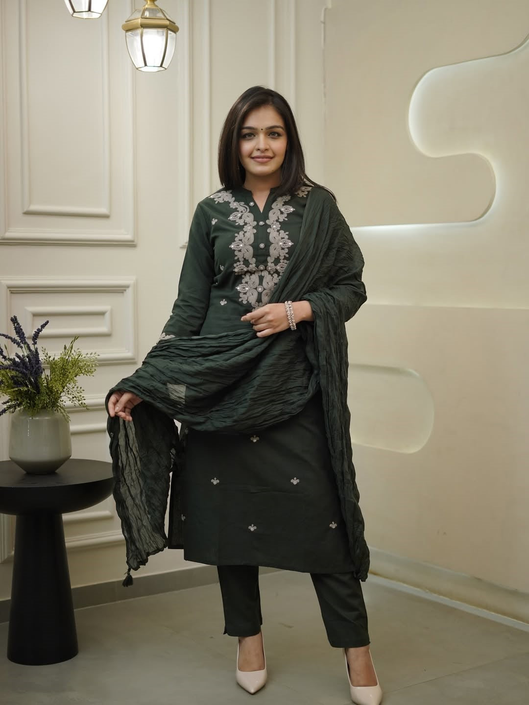 Dark Green Rayon Slub Ethnic Motif Embroidered Kurta Set