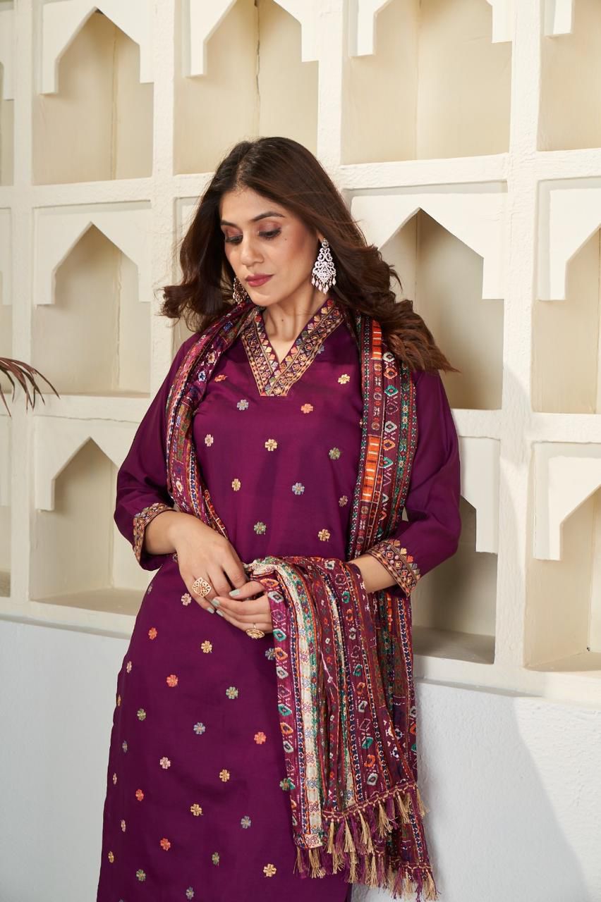 Purple Viscose Three-Piece Suit with Traditional Cross-Stitch Style Printed Dupatta