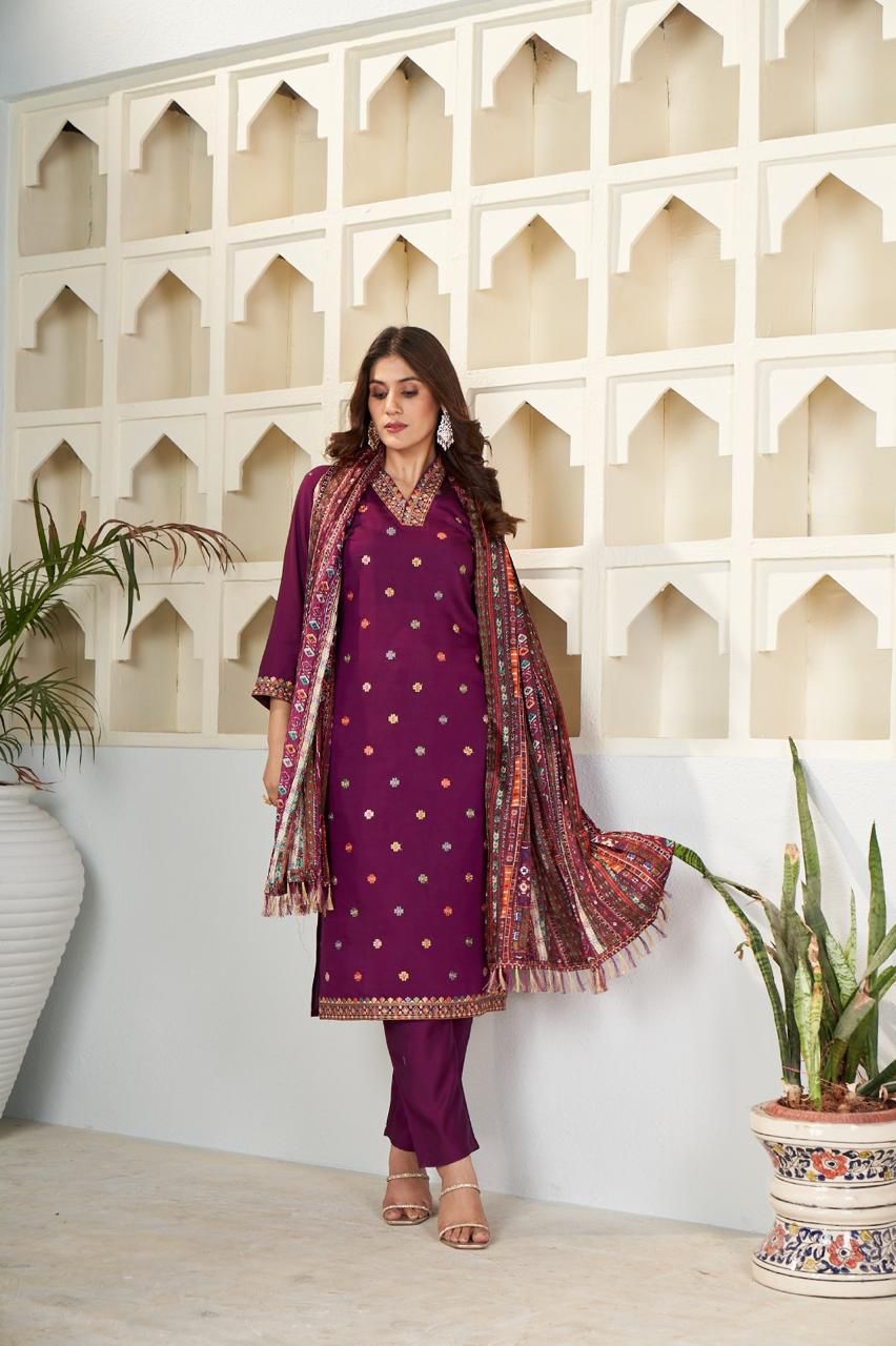 Purple Viscose Three-Piece Suit with Traditional Cross-Stitch Style Printed Dupatta