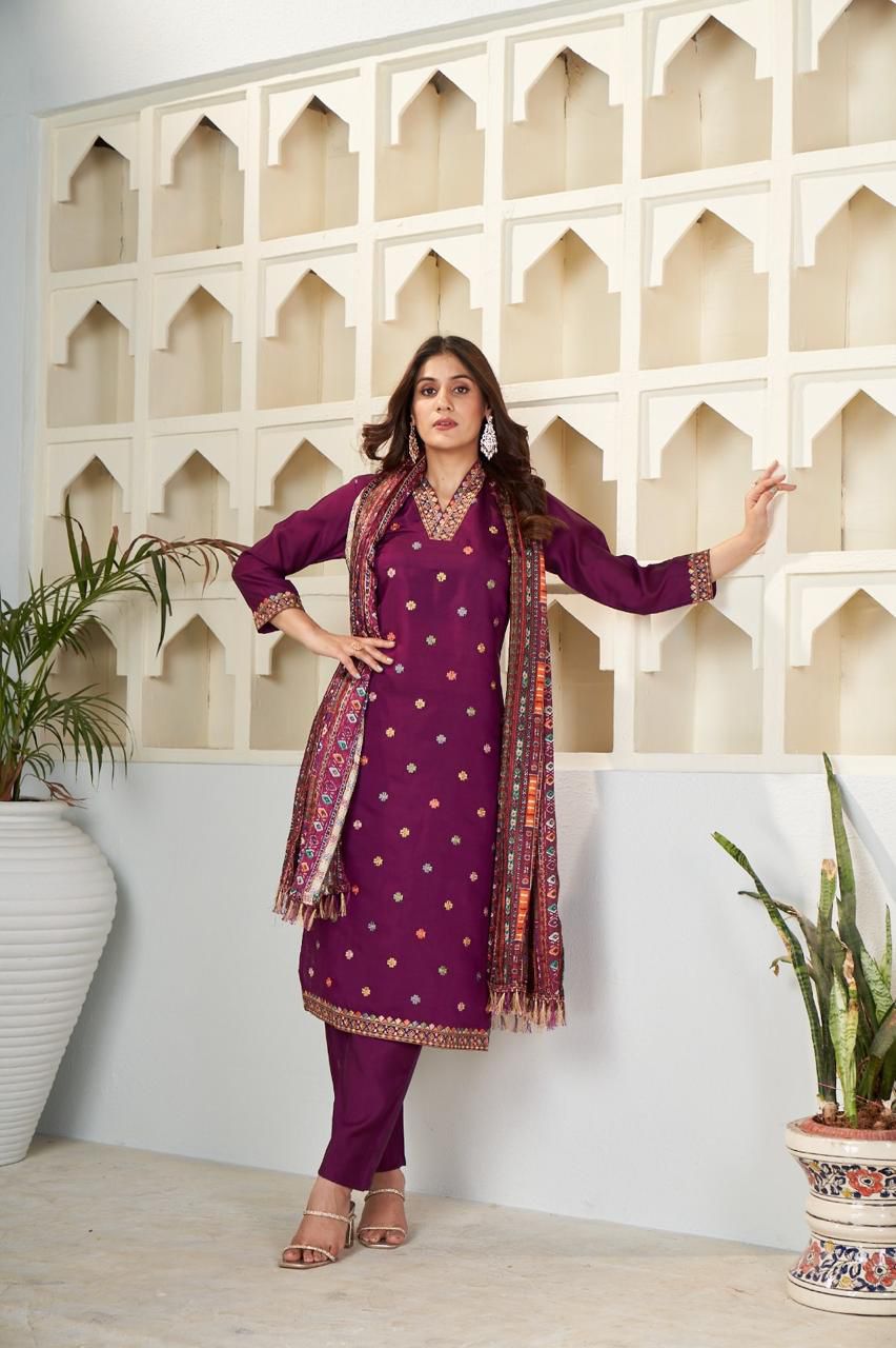 Purple Viscose Three-Piece Suit with Traditional Cross-Stitch Style Printed Dupatta