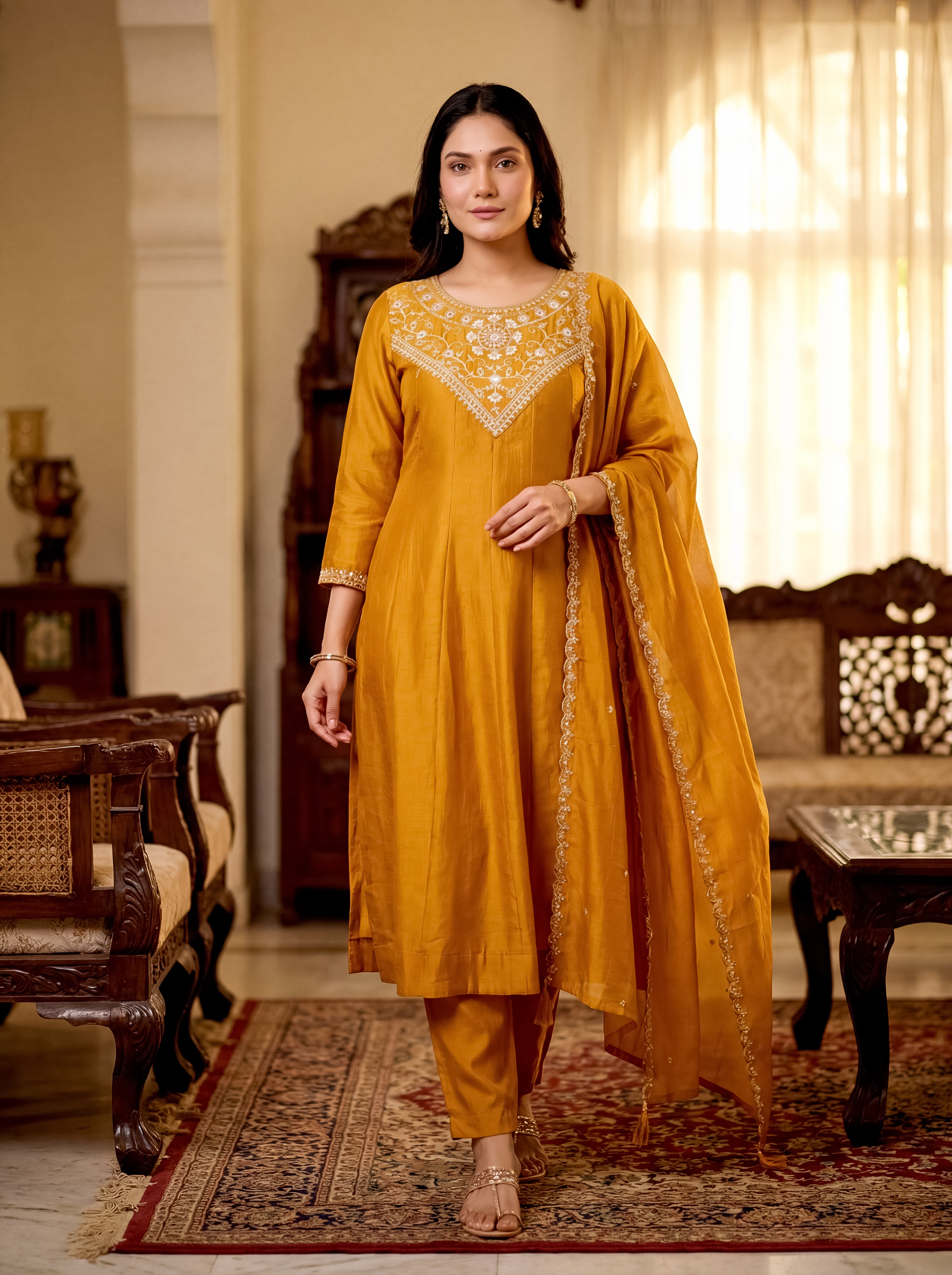 Gold Vichitra Silk Embroidered Panelled Kurta Set