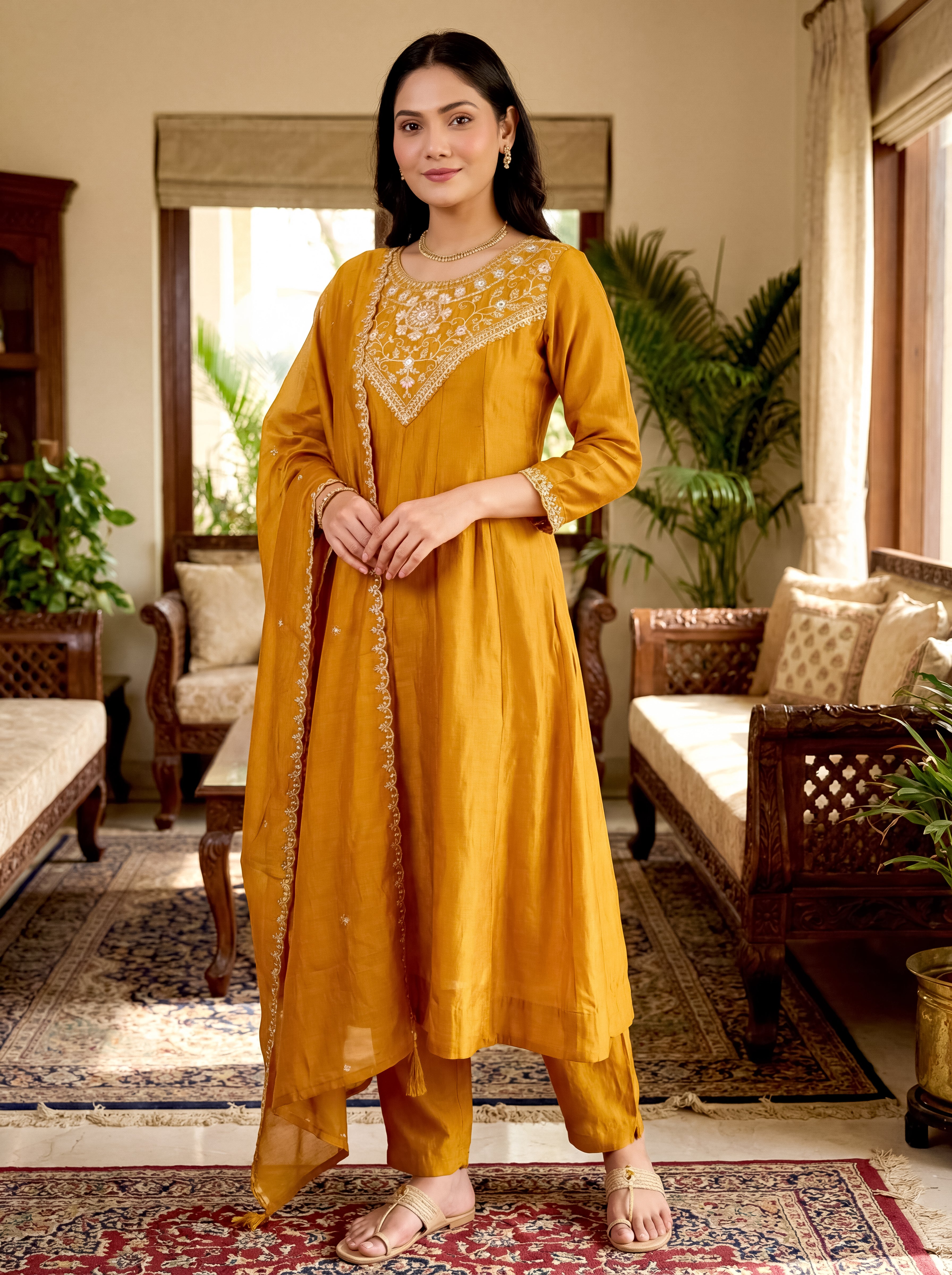 Gold Vichitra Silk Embroidered Panelled Kurta Set