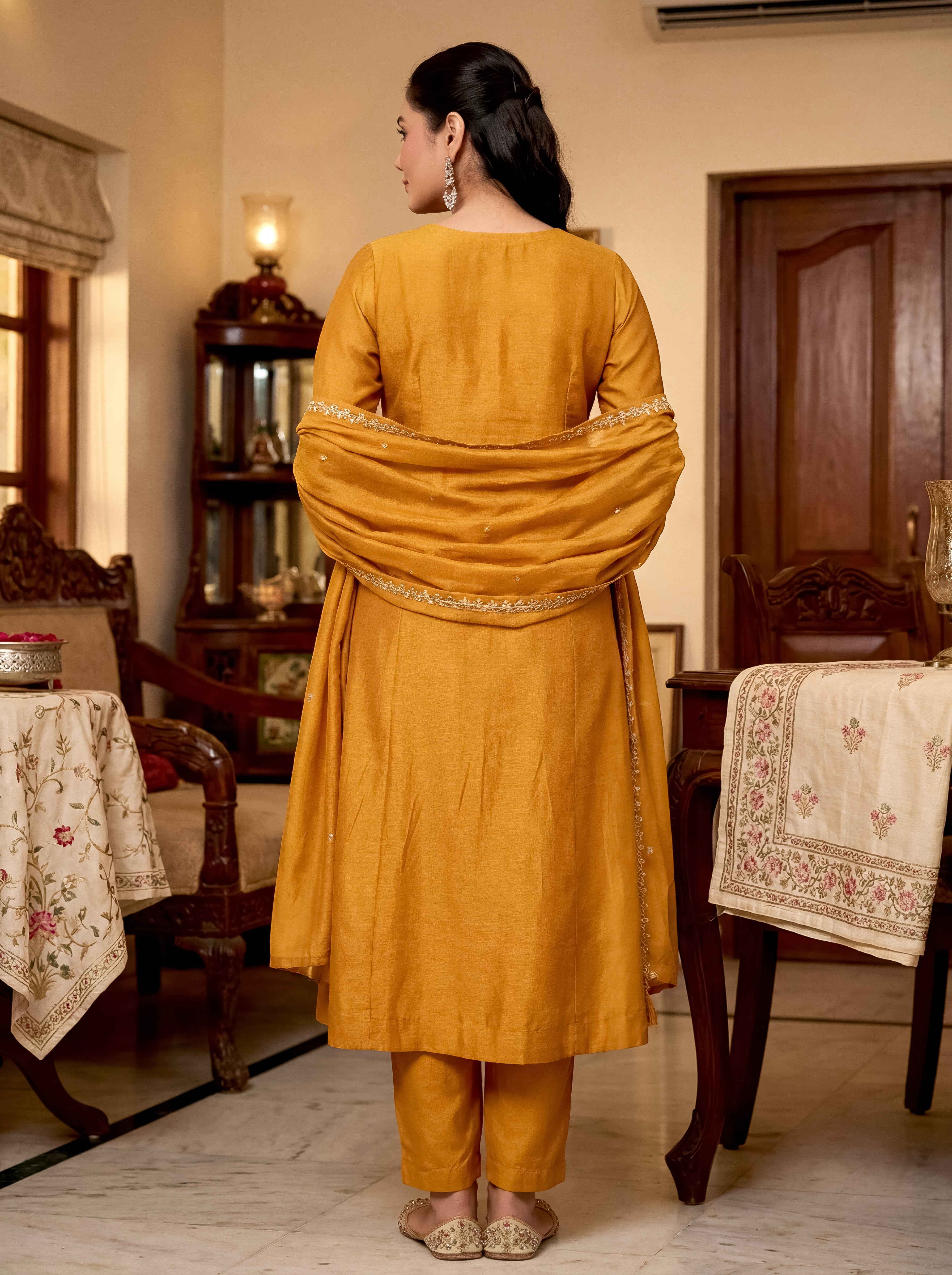 Gold Vichitra Silk Embroidered Panelled Kurta Set