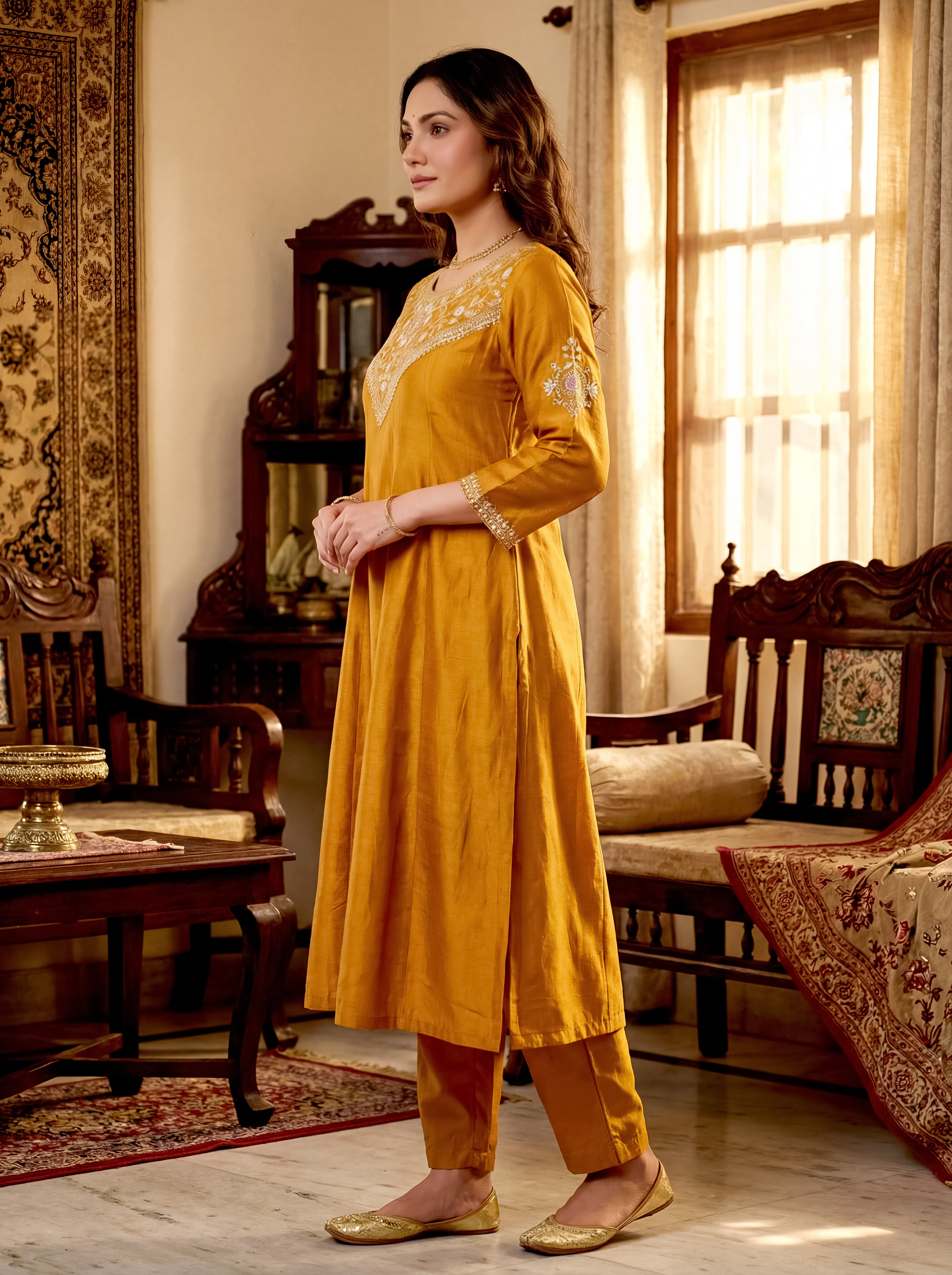 Gold Vichitra Silk Embroidered Panelled Kurta Set
