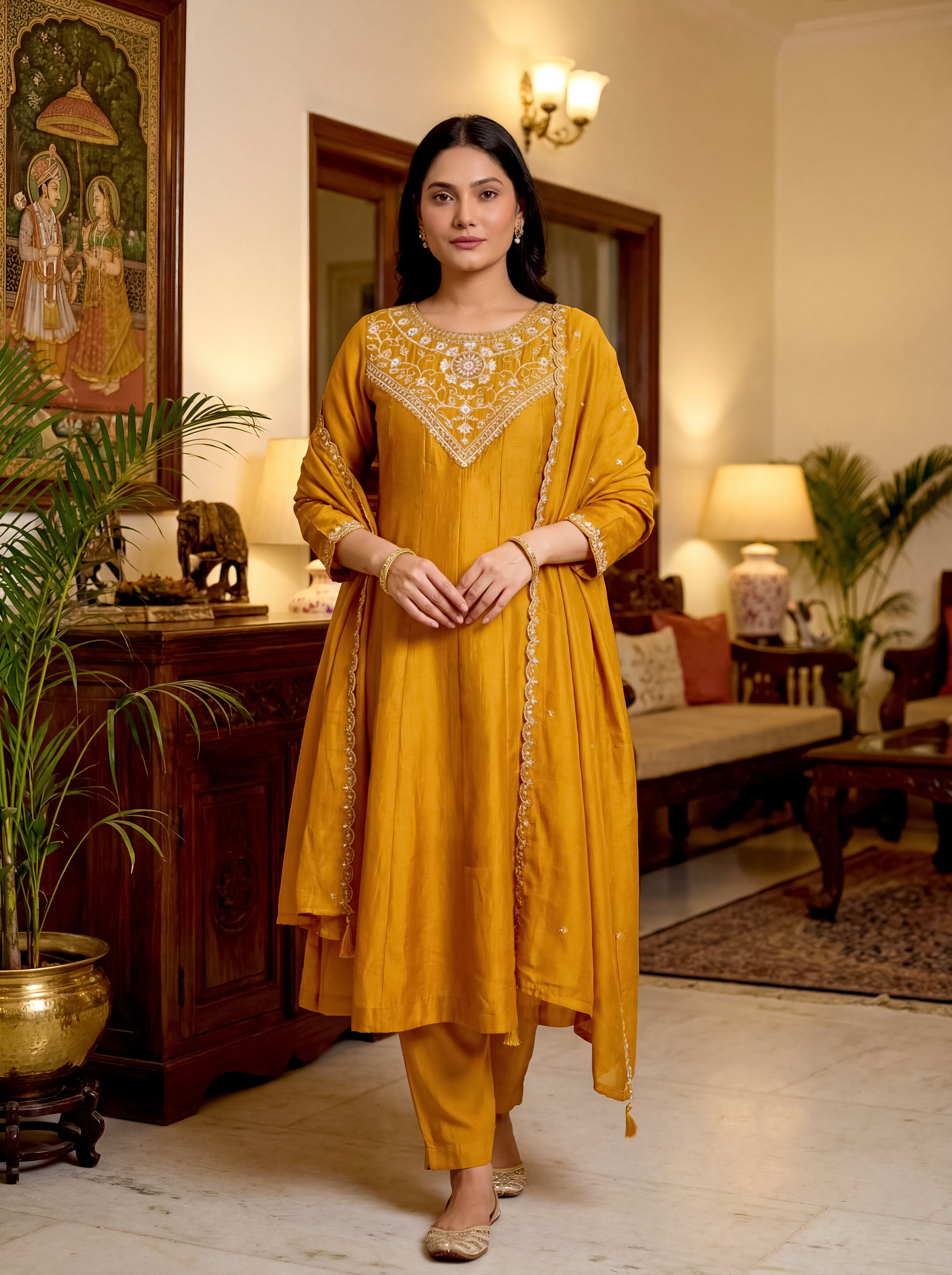 Gold Vichitra Silk Embroidered Panelled Kurta Set