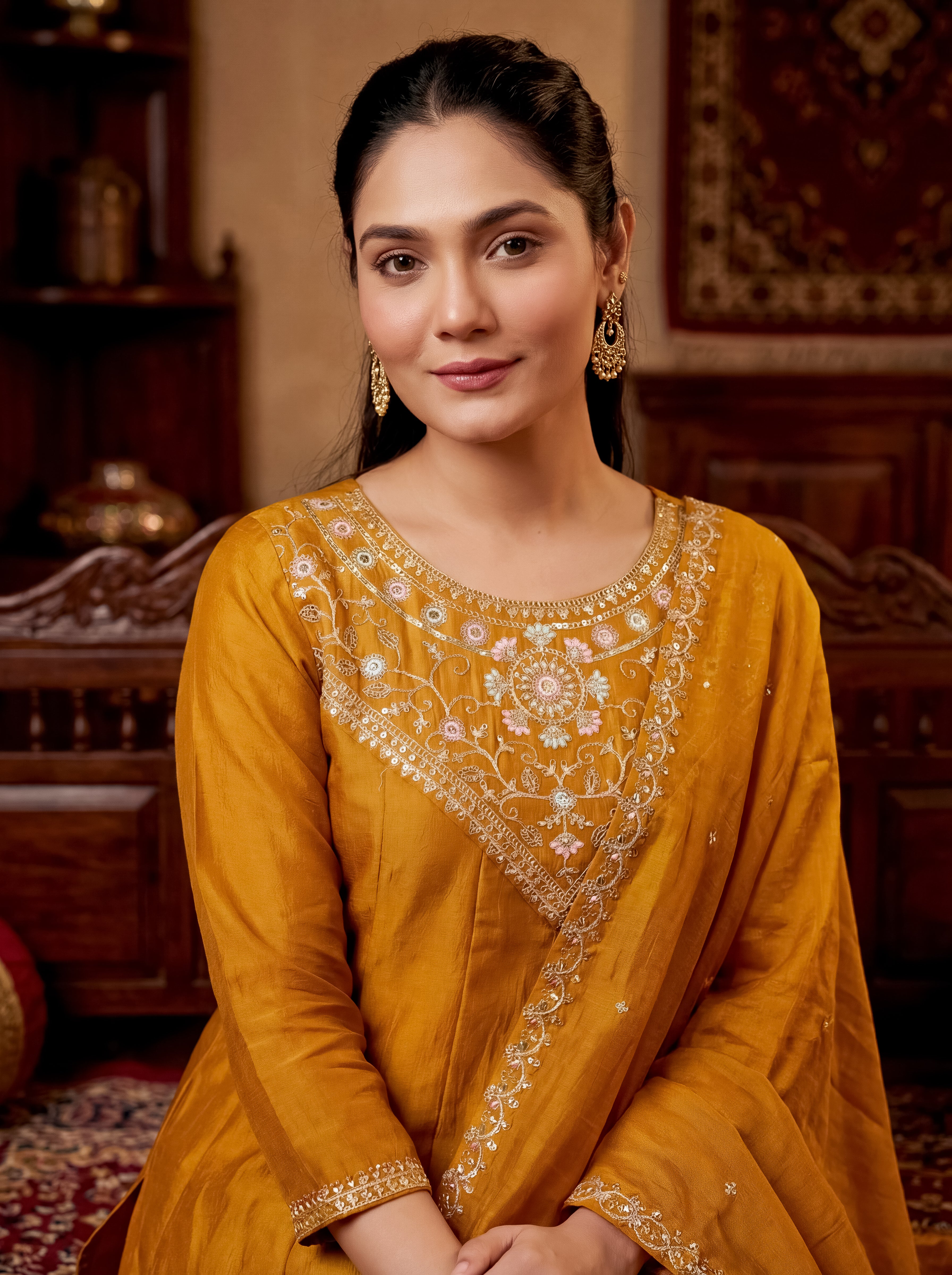 Gold Vichitra Silk Embroidered Panelled Kurta Set