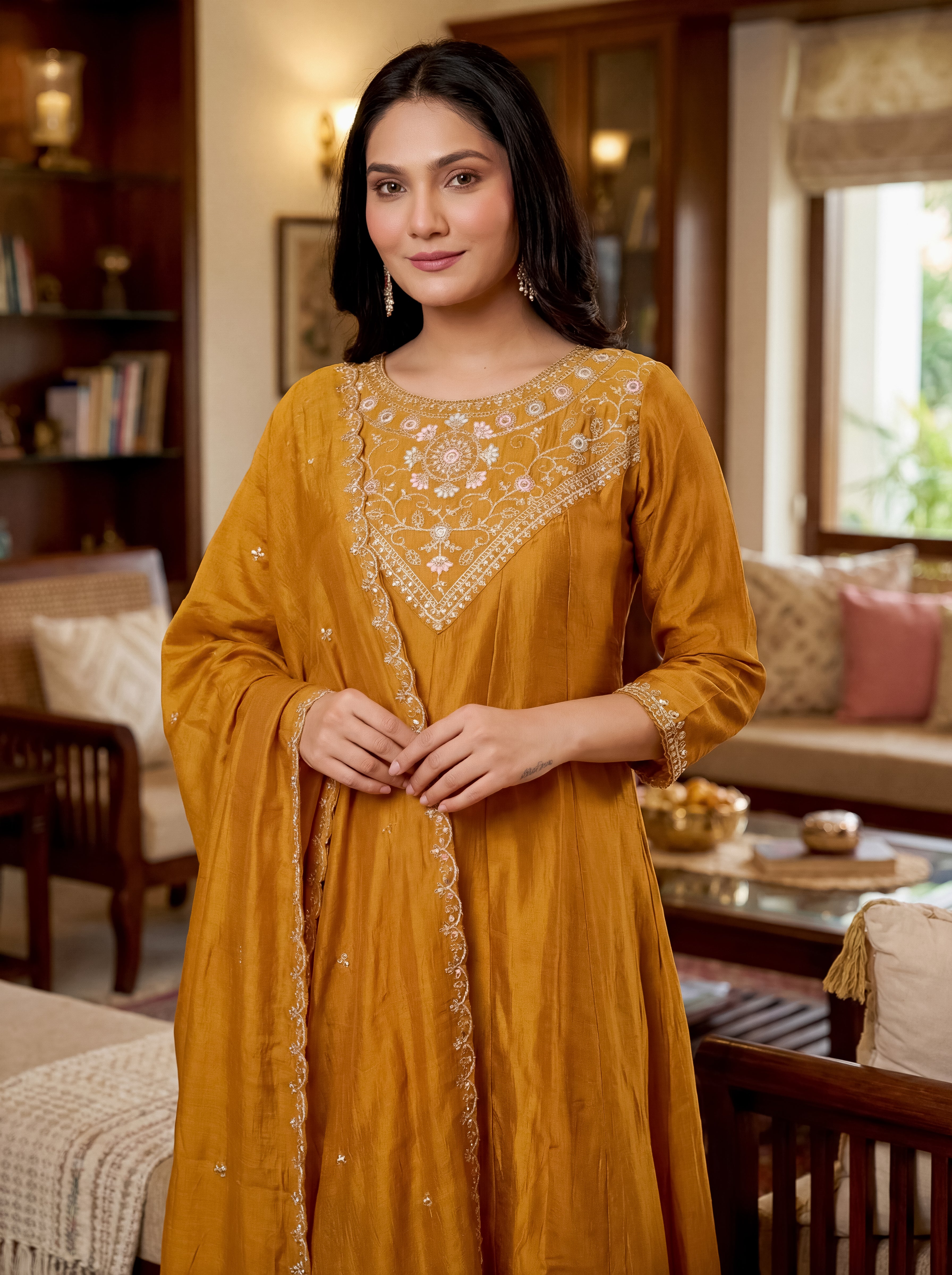 Gold Vichitra Silk Embroidered Panelled Kurta Set