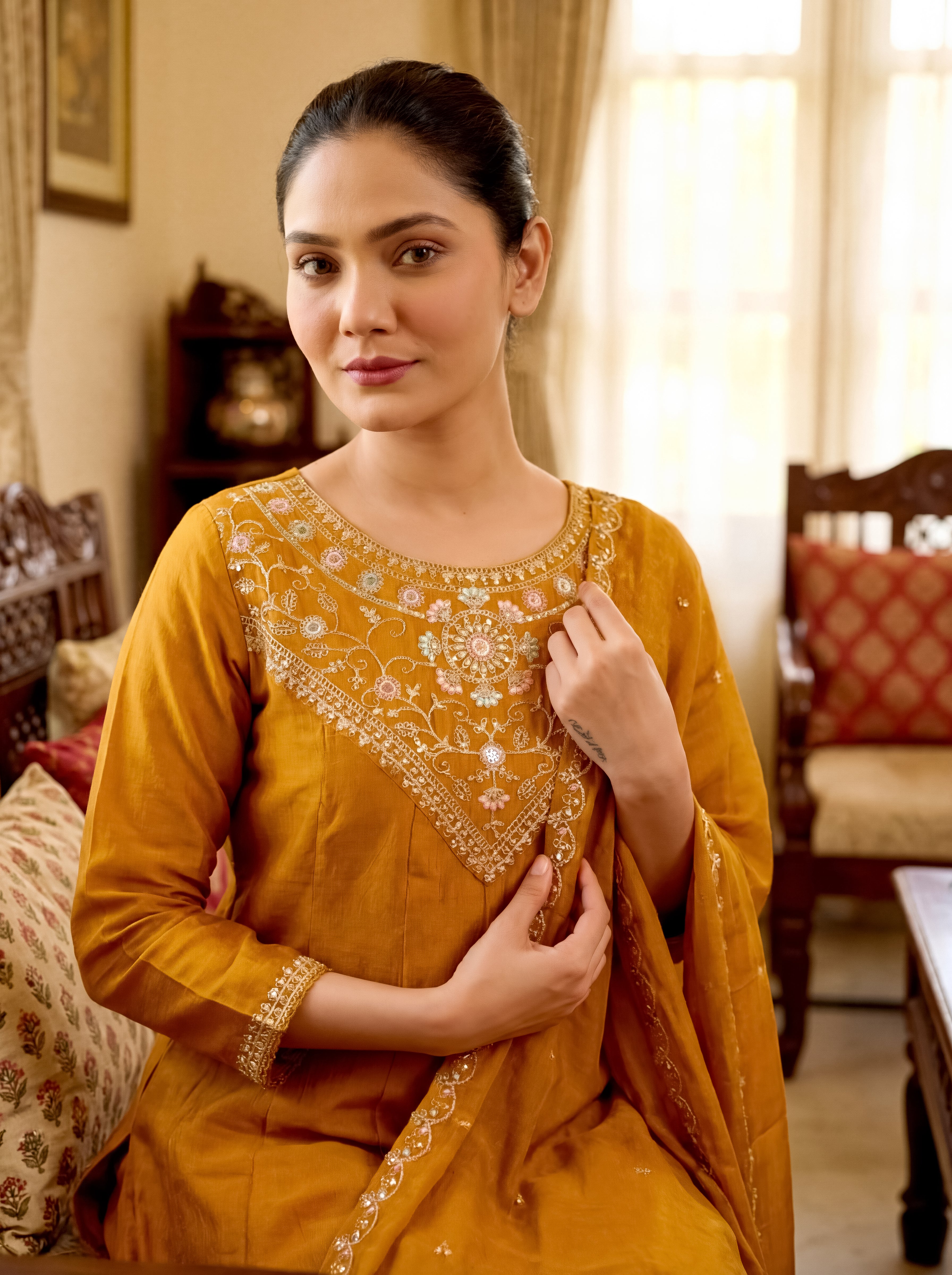 Gold Vichitra Silk Embroidered Panelled Kurta Set