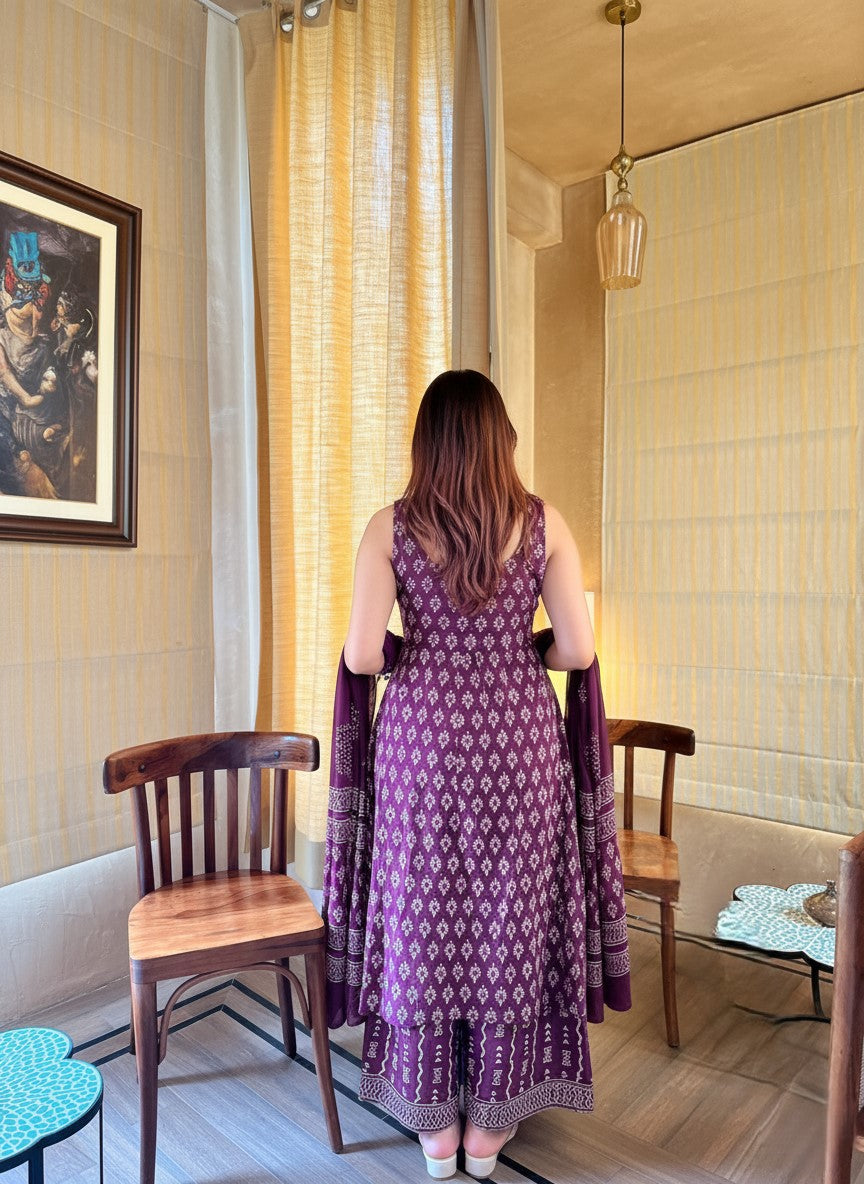 Deep Wine Purple Rayon Slub Geometric Print Sleeveless Kurta Set