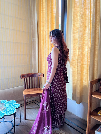 Deep Wine Purple Rayon Slub Geometric Print Sleeveless Kurta Set