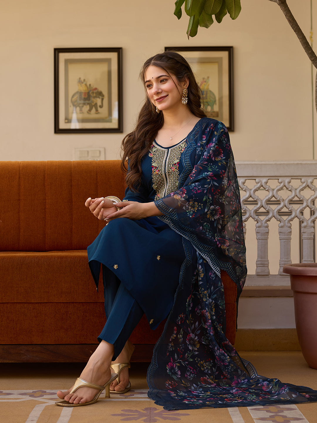 Navy Blue Viscose Chanderi Embroidered Kurta Pant Set