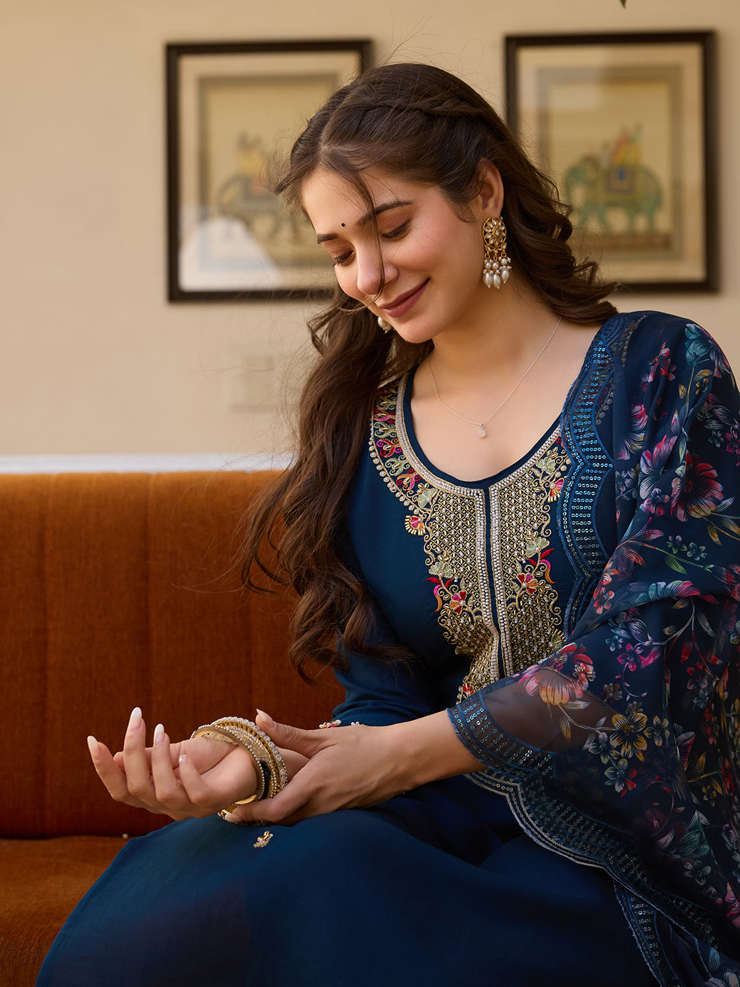 Navy Blue Viscose Chanderi Embroidered Kurta Pant Set