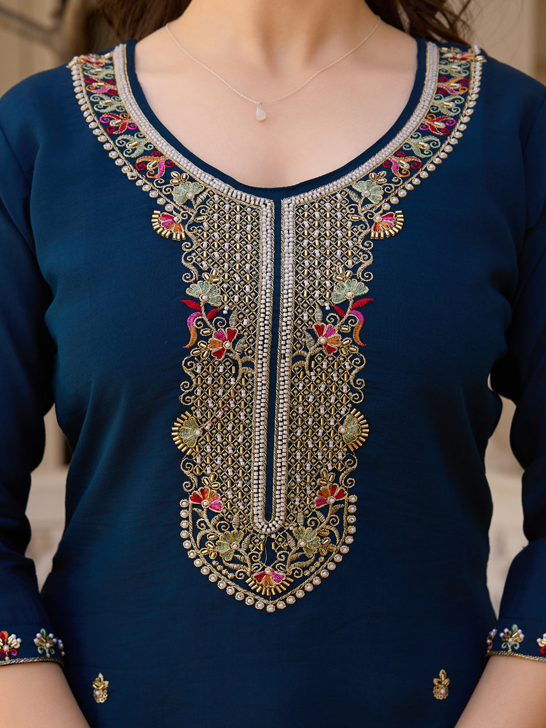 Navy Blue Viscose Chanderi Embroidered Kurta Pant Set