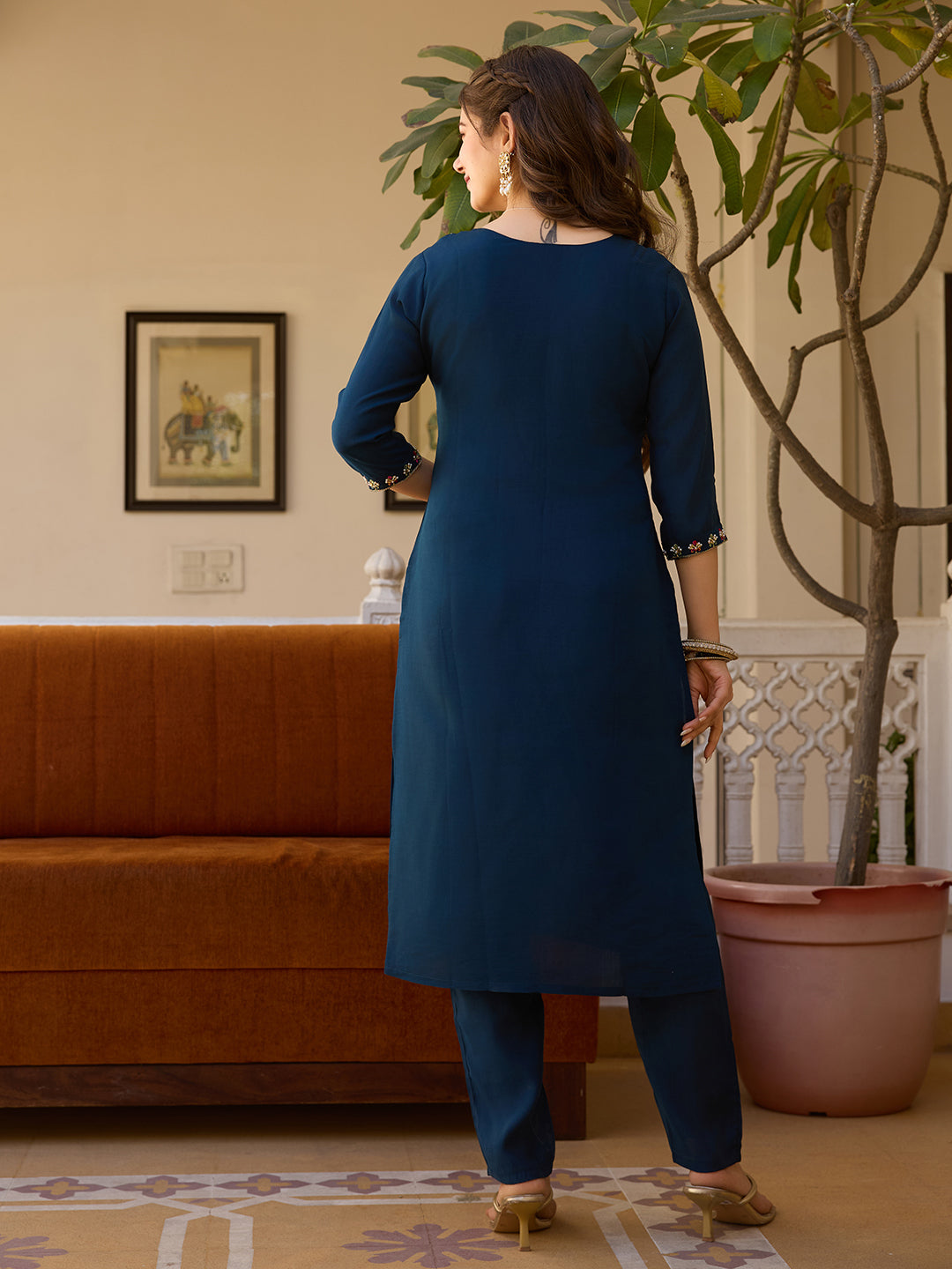 Navy Blue Viscose Chanderi Embroidered Kurta Pant Set