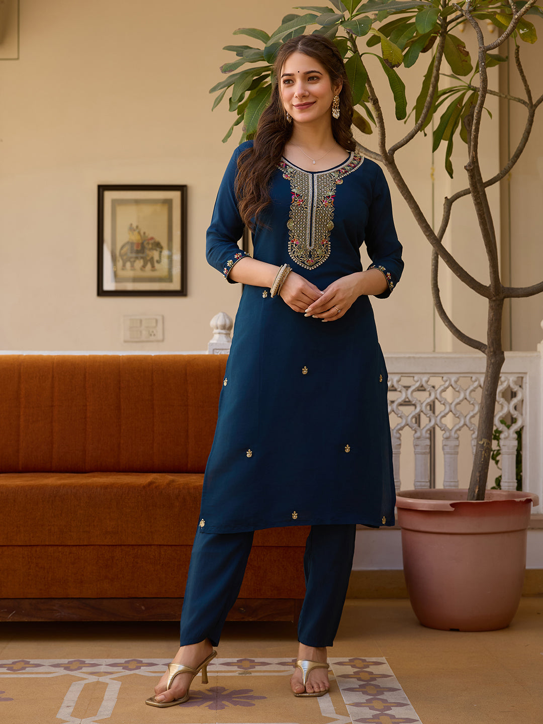 Navy Blue Viscose Chanderi Embroidered Kurta Pant Set