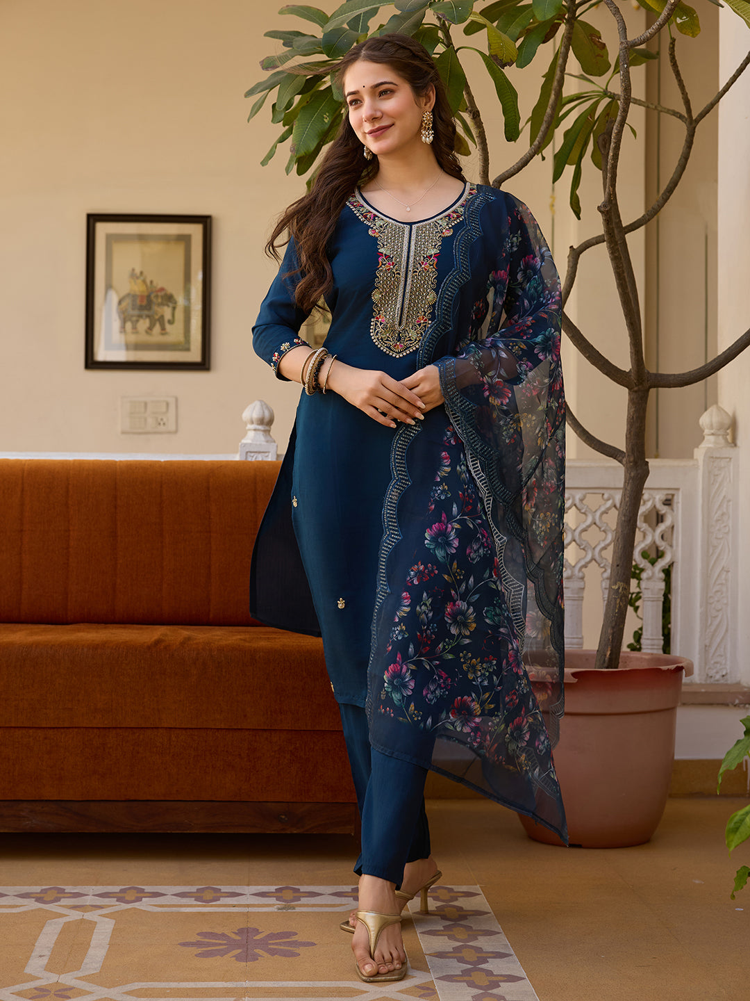 Navy Blue Viscose Chanderi Embroidered Kurta Pant Set