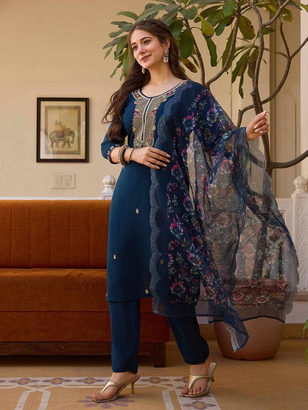 Navy Blue Viscose Chanderi Embroidered Kurta Pant Set