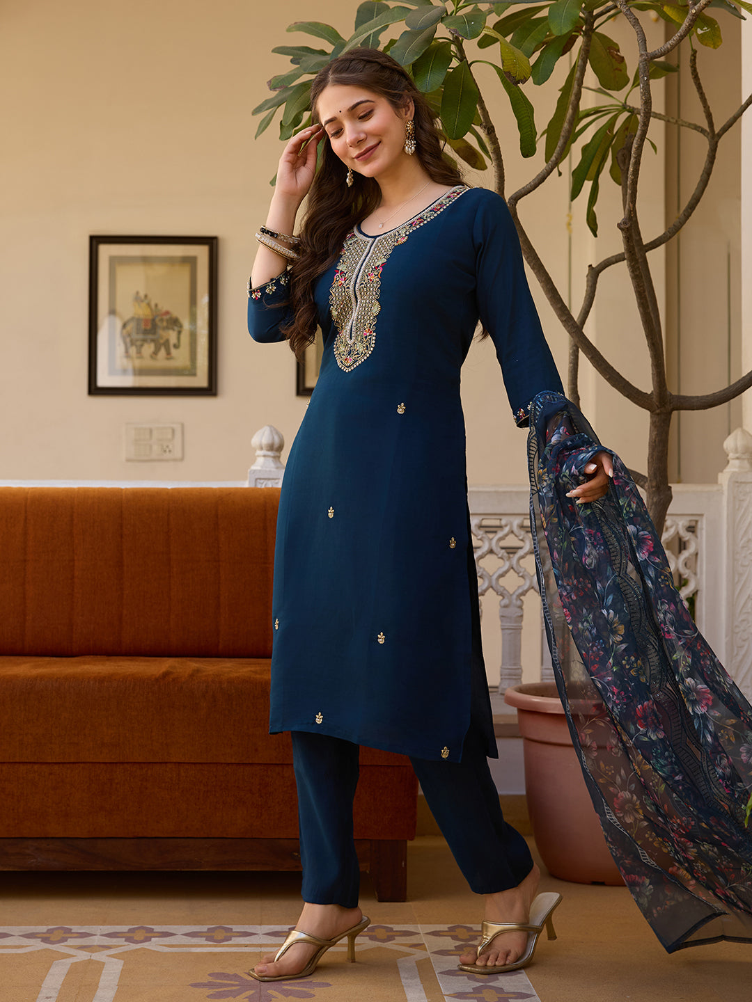 Navy Blue Viscose Chanderi Embroidered Kurta Pant Set