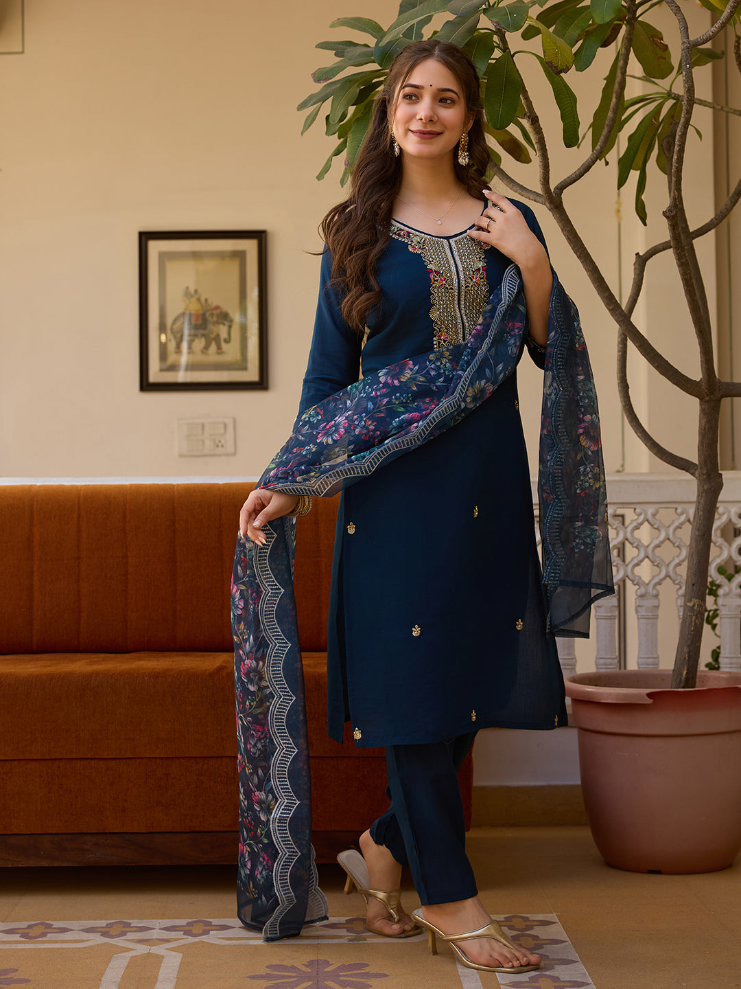 Navy Blue Viscose Chanderi Embroidered Kurta Pant Set
