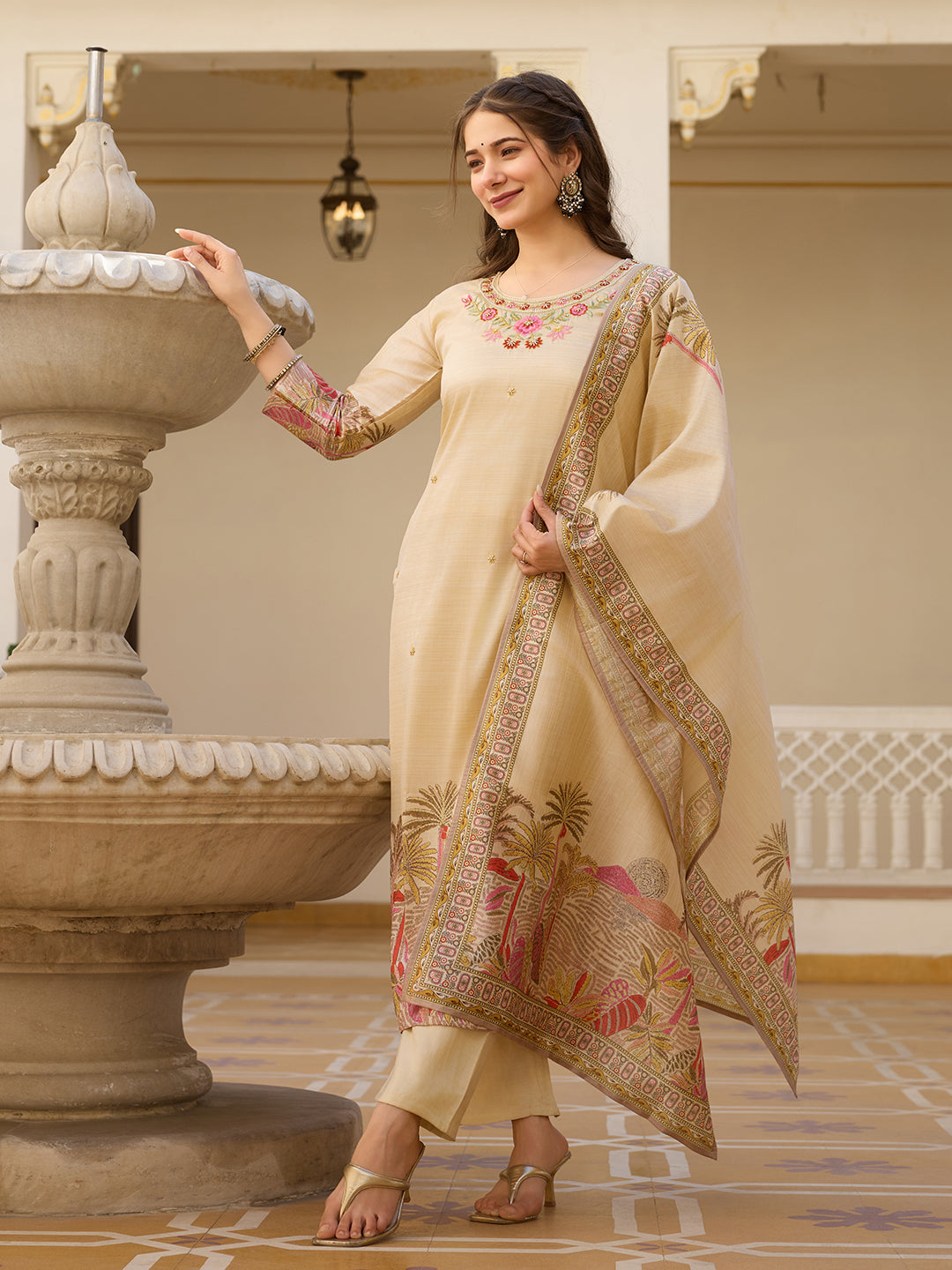 Beige Viscose Assam Silk Floral Embroidered Kurta Pant Set