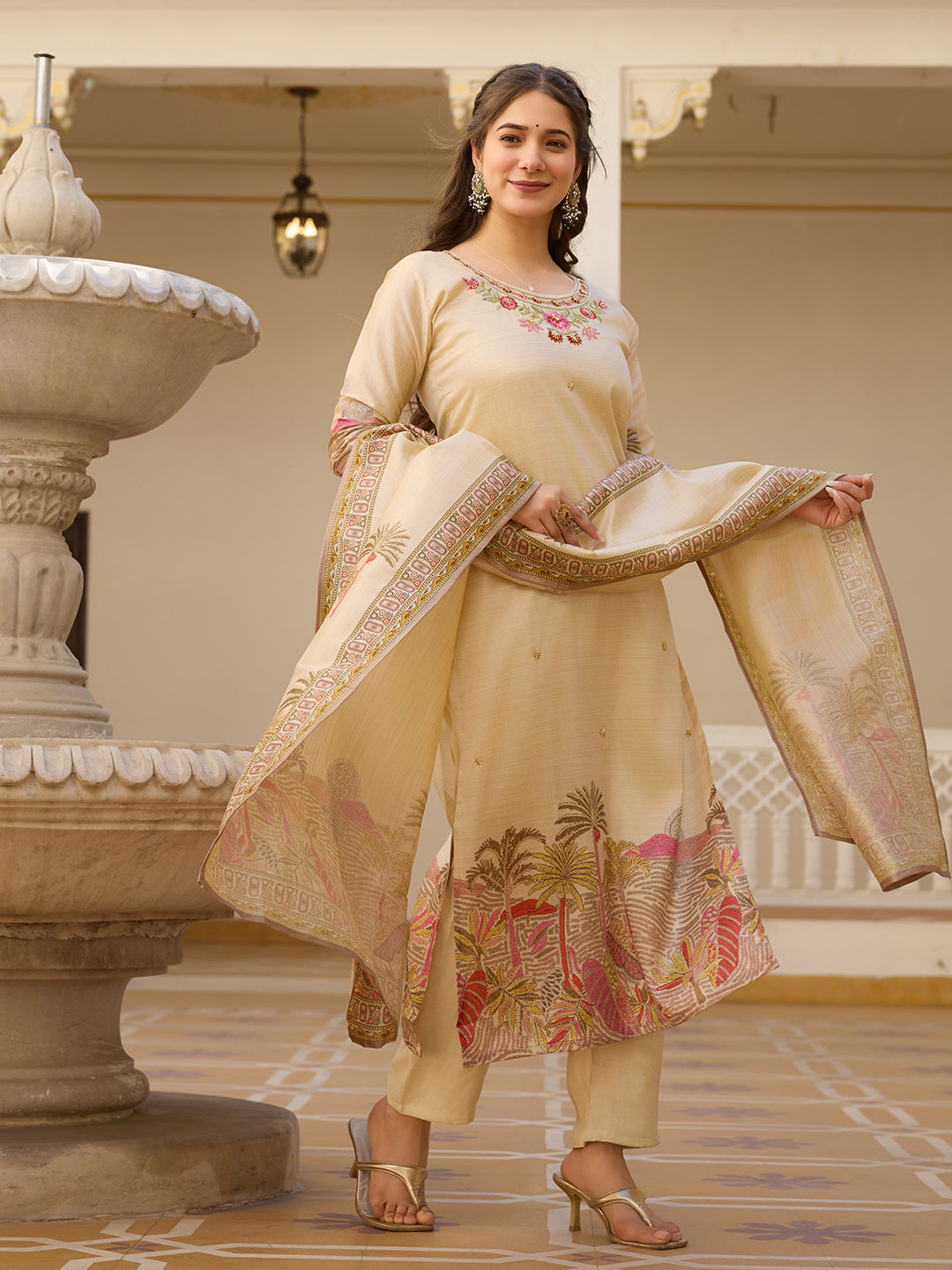 Beige Viscose Assam Silk Floral Embroidered Kurta Pant Set