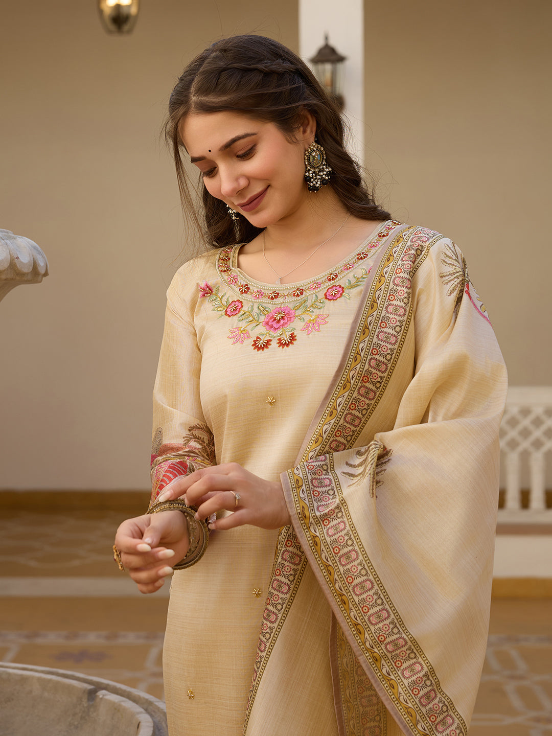 Beige Viscose Assam Silk Floral Embroidered Kurta Pant Set