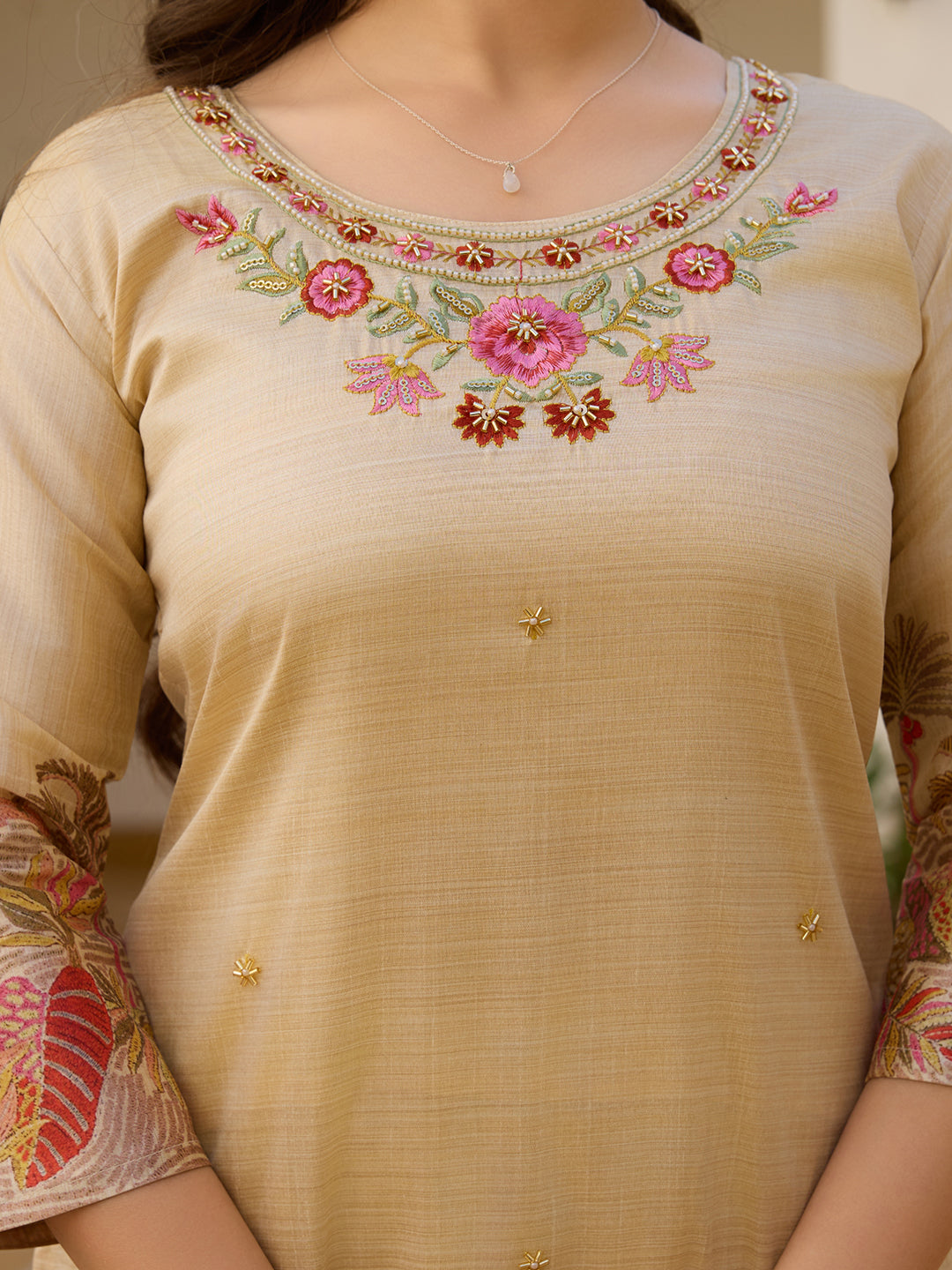 Beige Viscose Assam Silk Floral Embroidered Kurta Pant Set