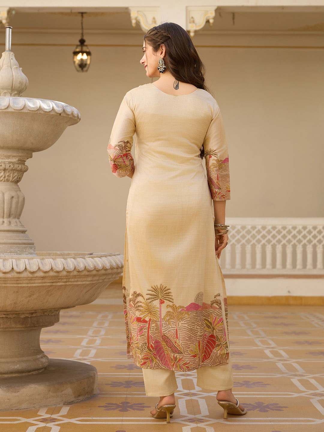 Beige Viscose Assam Silk Floral Embroidered Kurta Pant Set