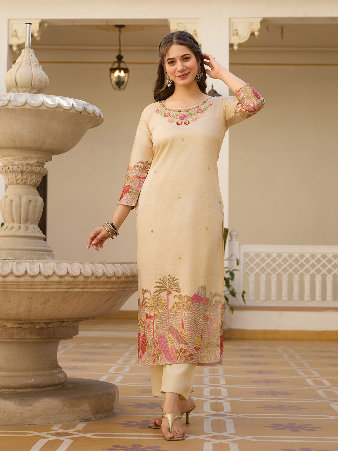 Beige Viscose Assam Silk Floral Embroidered Kurta Pant Set