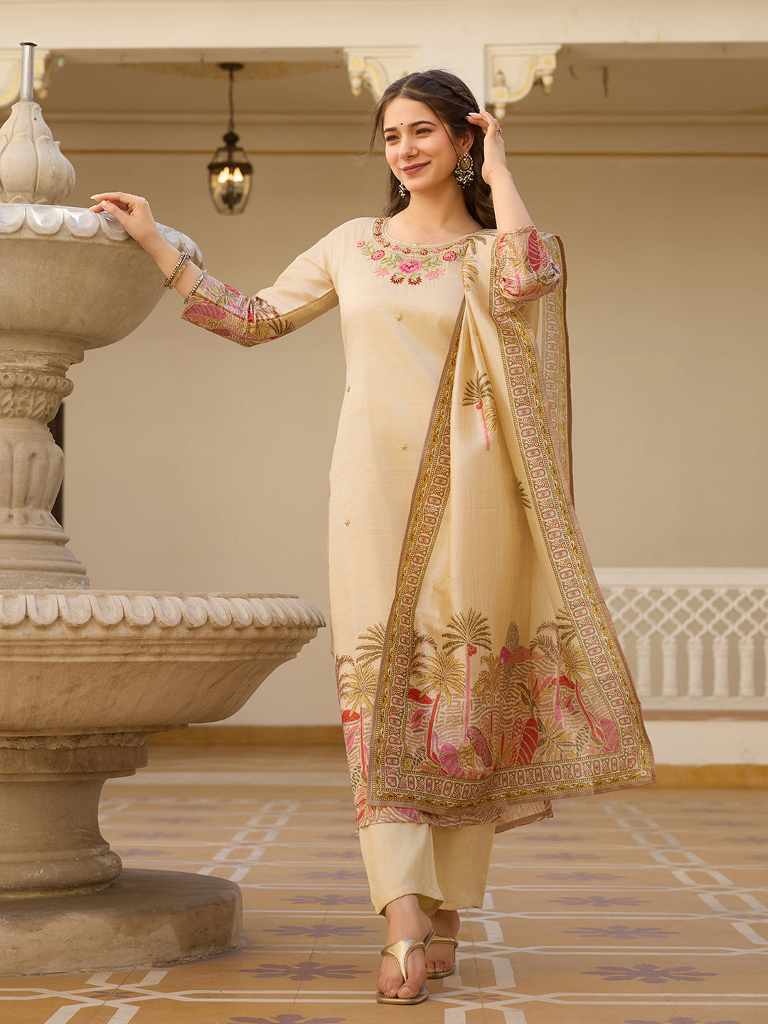 Beige Viscose Assam Silk Floral Embroidered Kurta Pant Set