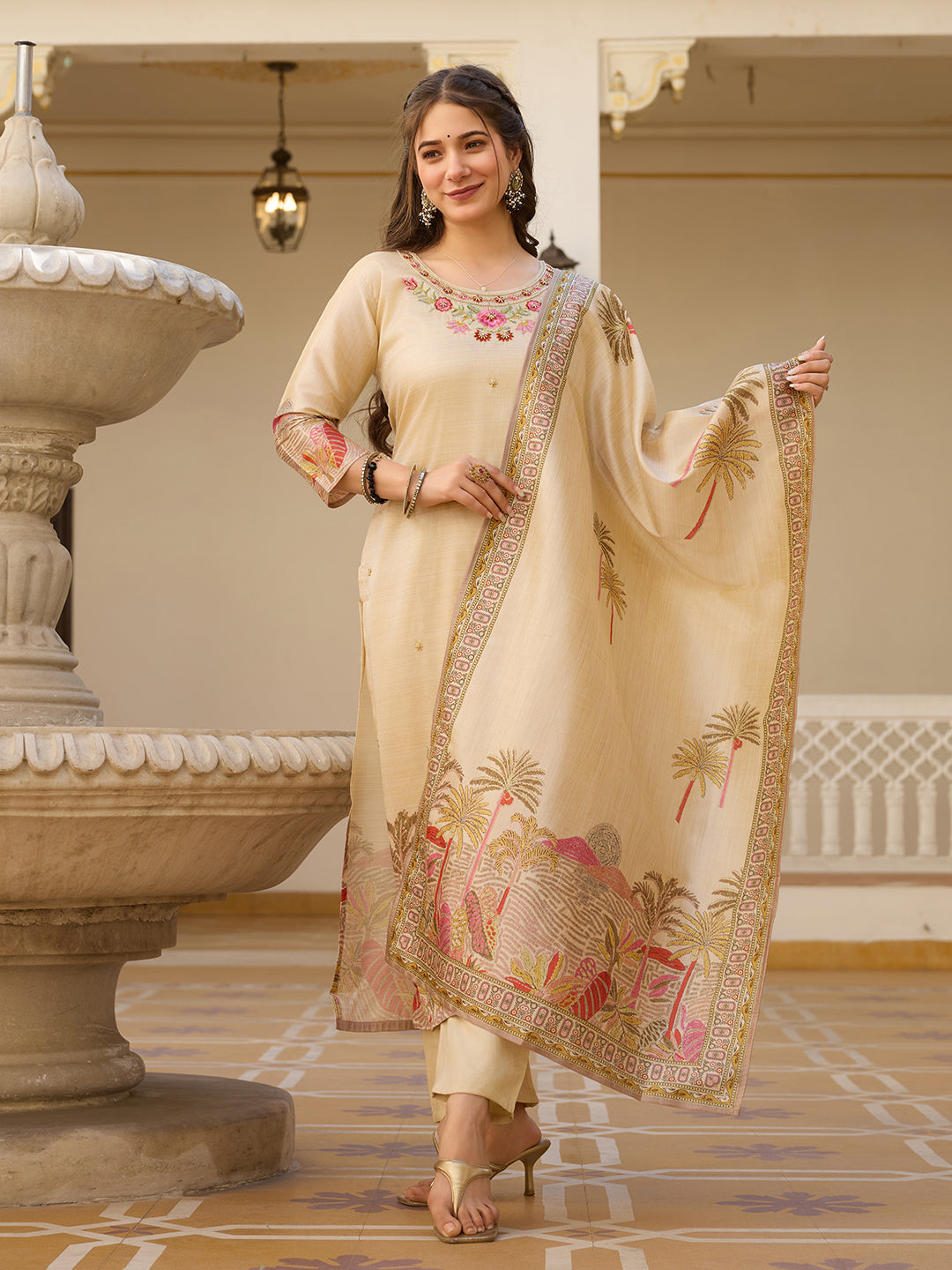 Beige Viscose Assam Silk Floral Embroidered Kurta Pant Set